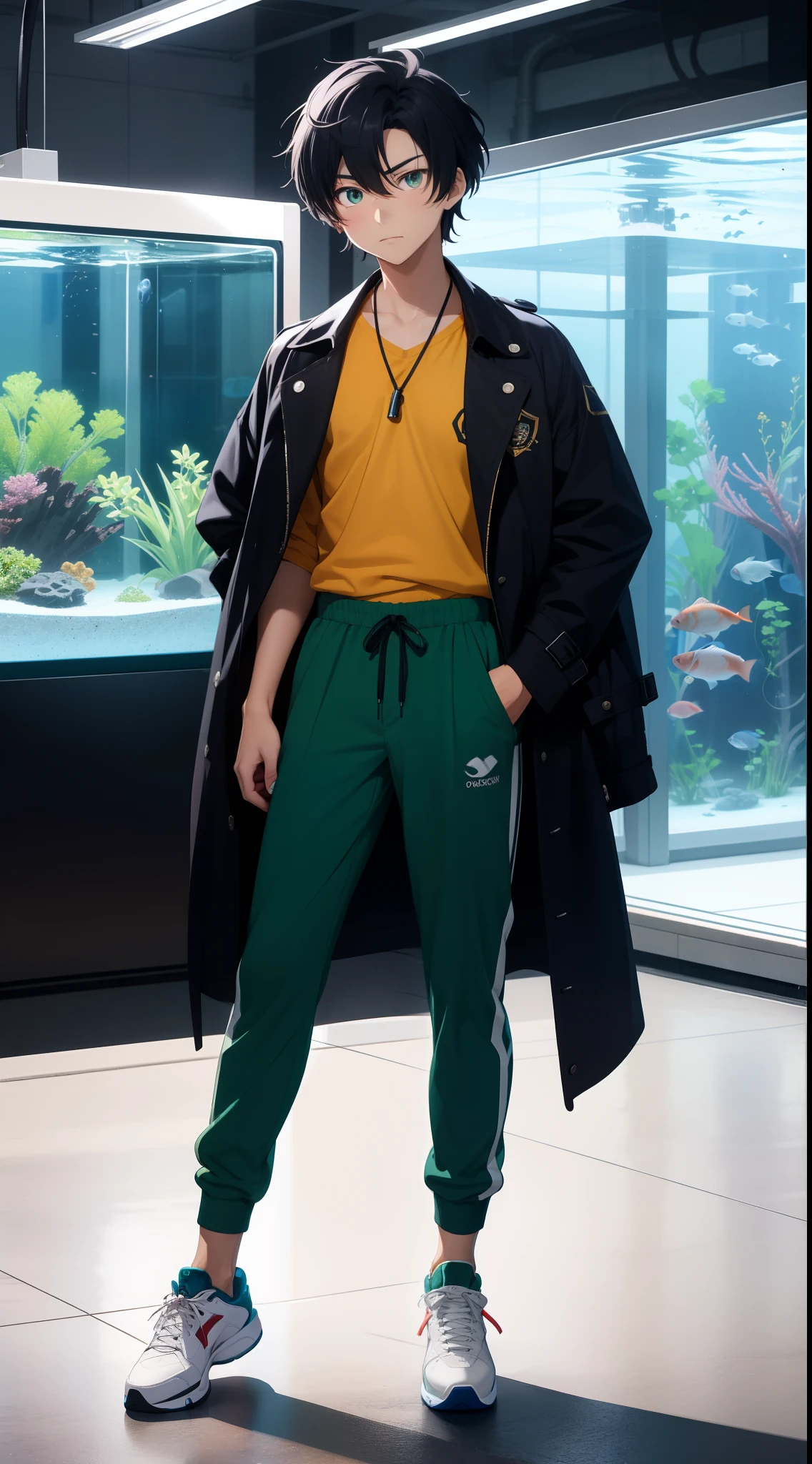 a anime tan-skinned young man, with short black hair with gray rays, has amber eyes with ruby red irises, is very muscular , wears a green shirt, blue Levis pants and a black trench coat, wears black tennis shoes, has an emotionless expression, with an aquarium in the background