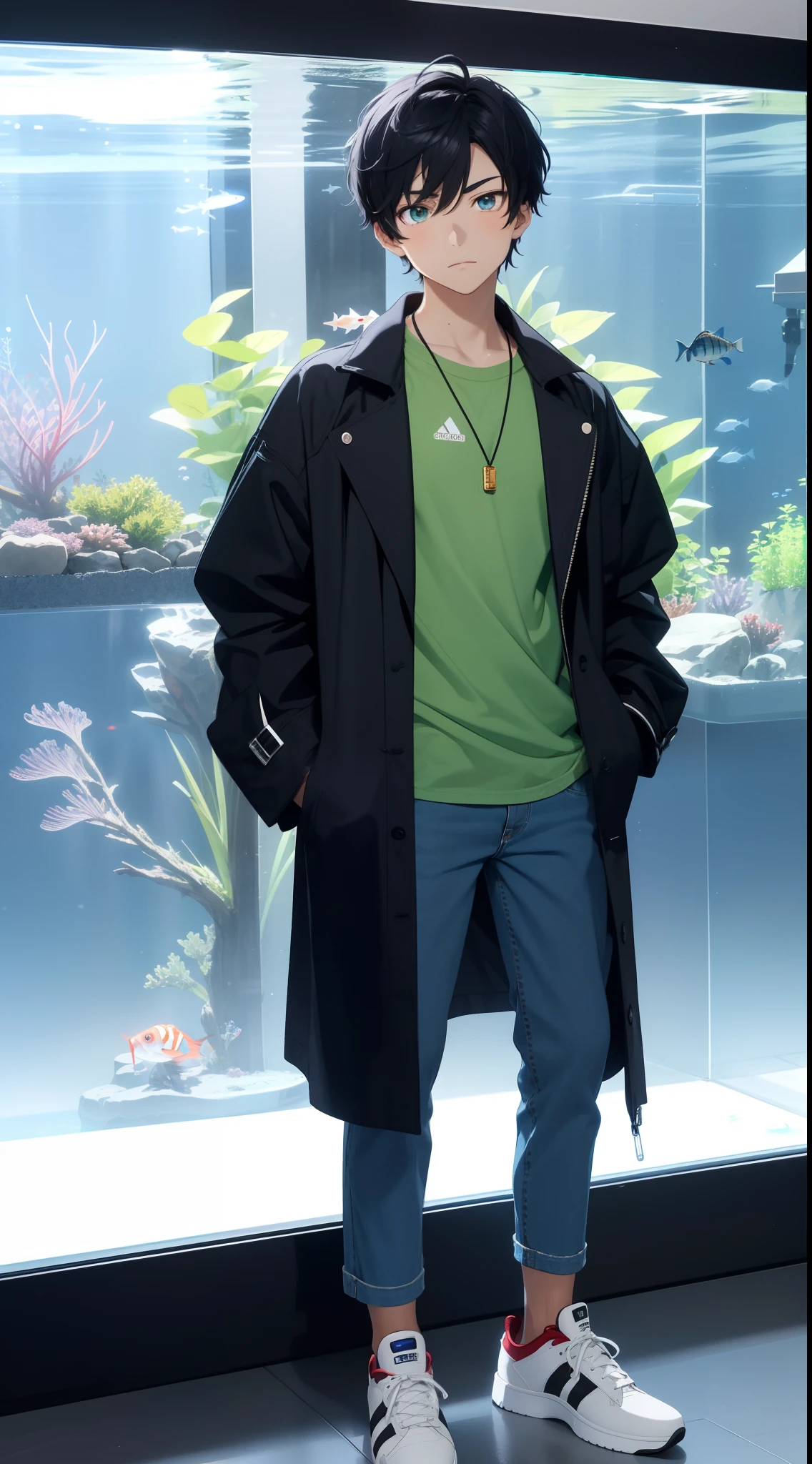 a anime tan-skinned young man, with short black hair with gray rays, has amber eyes with ruby red irises, is very muscular , wears a green shirt, blue Levis pants and a black trench coat, wears black tennis shoes, has an emotionless expression, with an aquarium in the background
