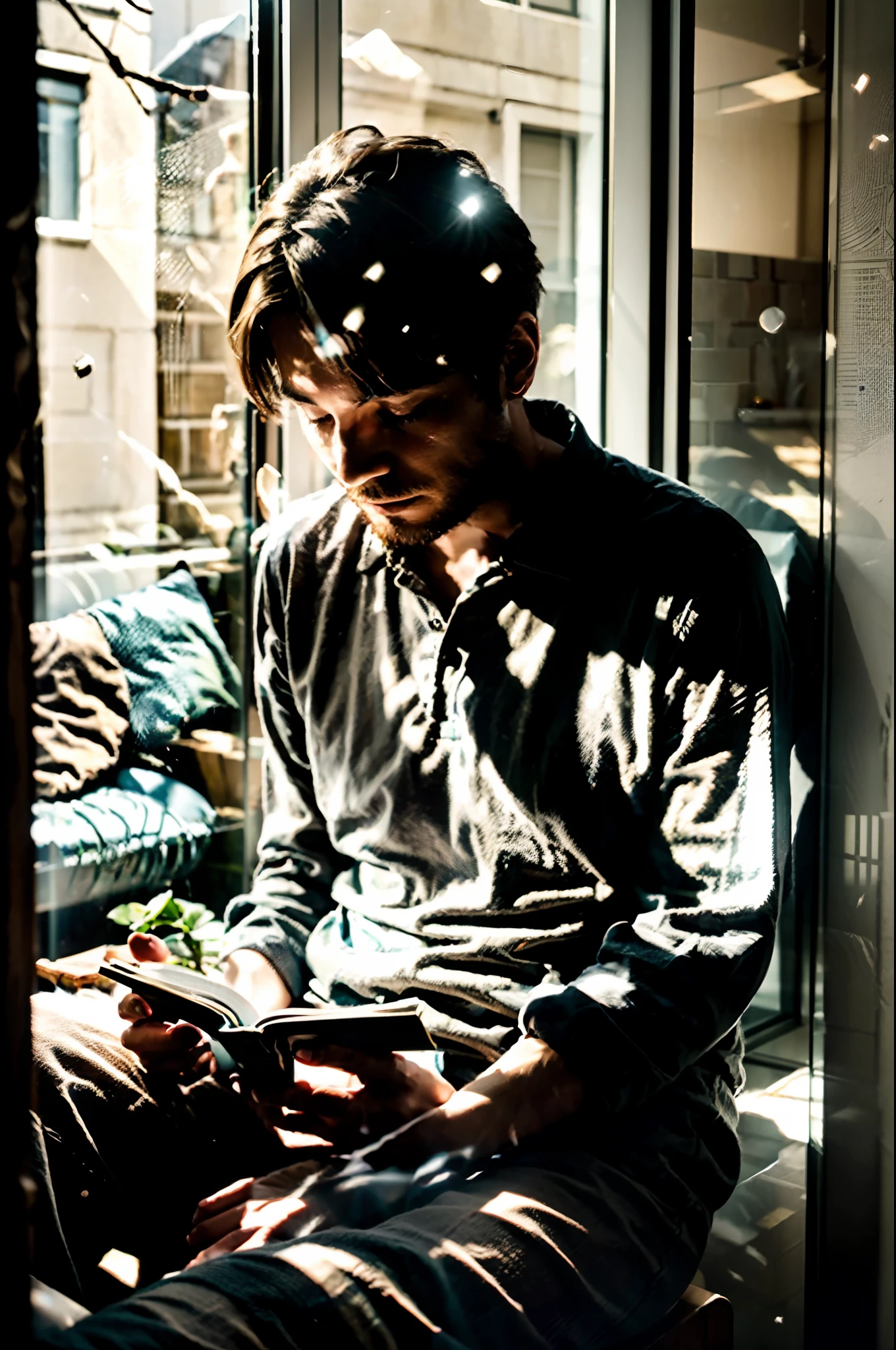 A contemplative, thought-provoking digital artwork: A solitary man, bathed in soft, ambient light, sitting by a window, a book on his lap, gazing into the distance, an air of introspection, deep in thought, capturing the essence of reflective solitude --ar 4:3.