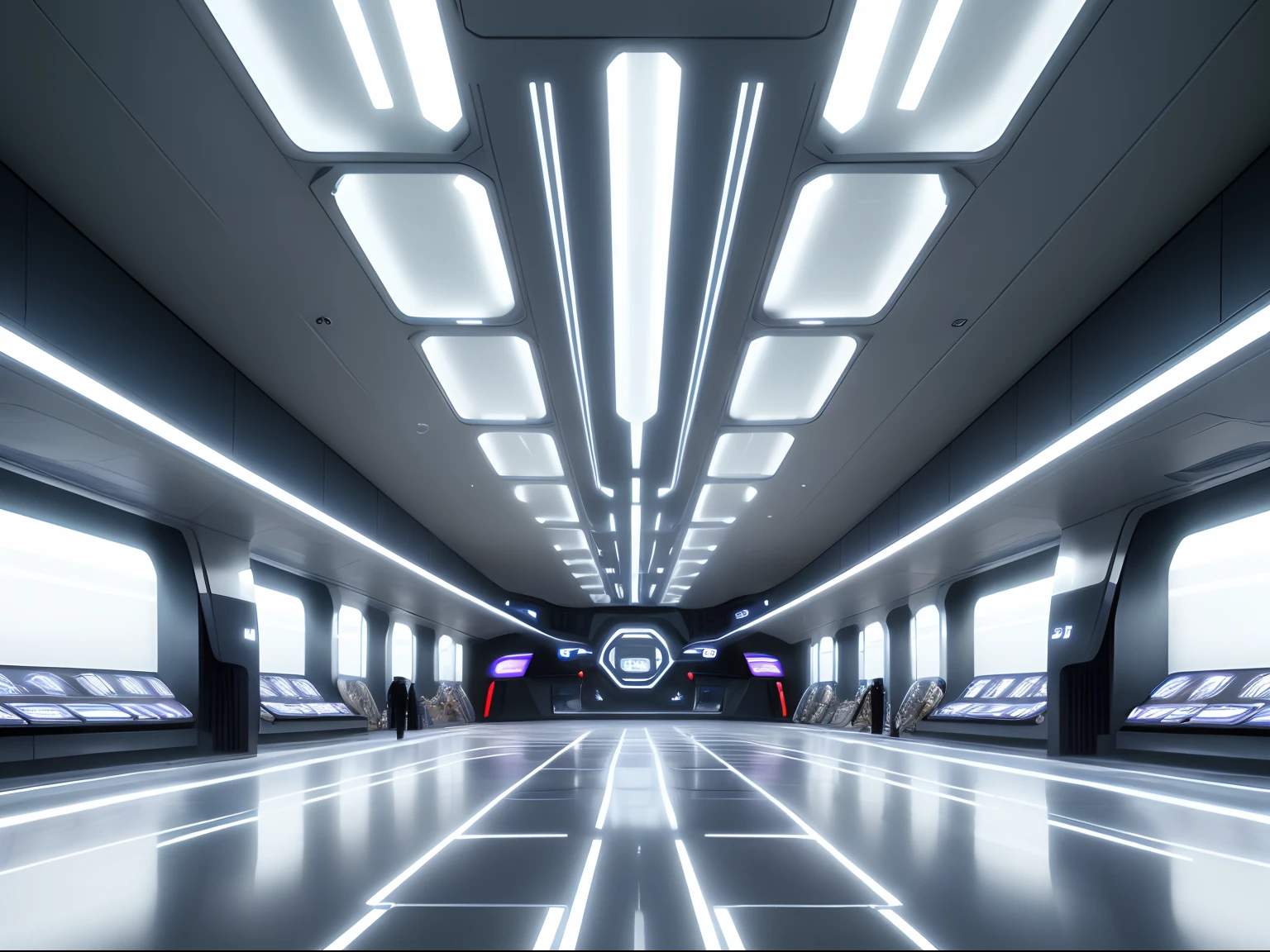 Futuristic technological, Interior space, The top surface is decorated with mirrors and light bars, Clothing commercial stores.