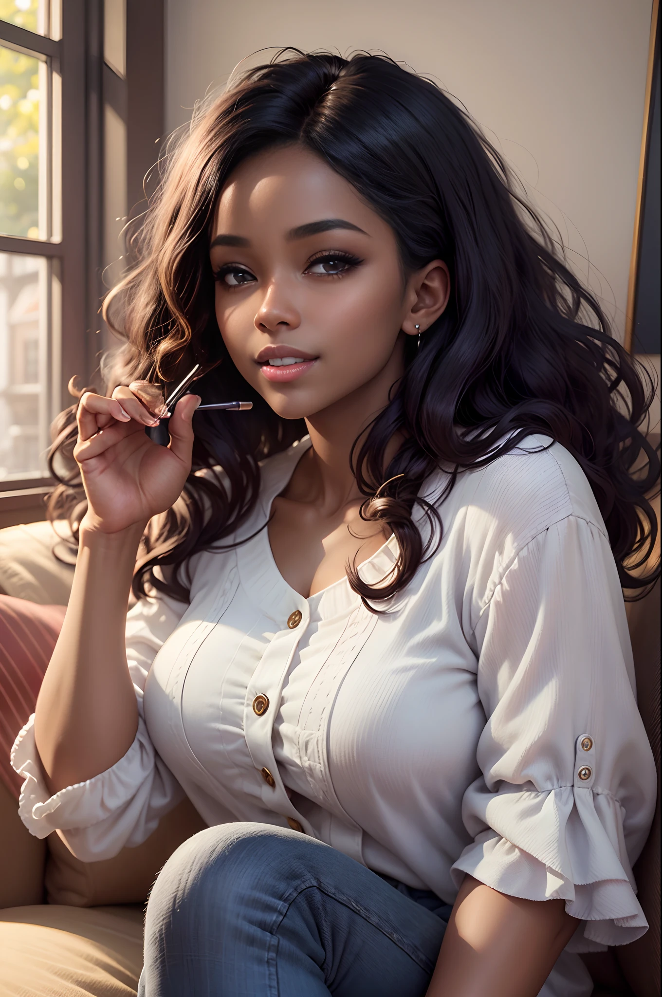 realistic portrait of a beautiful 9--old Acan-American girl ((dark skin color)) writing in a notebook, ((chibi)), cute smile, ((sitting on a living room couch)), wearing blouse and jeans, purple, current fashion, mega hair long curly hair, ((kanekalon)), (cinematic contour lighting), close-up, product visualization, detailed facial details, perfect face, sharpness, trending art, sharp facial details, cgsociety, very high quality digital art, exquisite hyper detail, 4k, 3d, 8k soft lighting, dreamy fashion --auto --s2