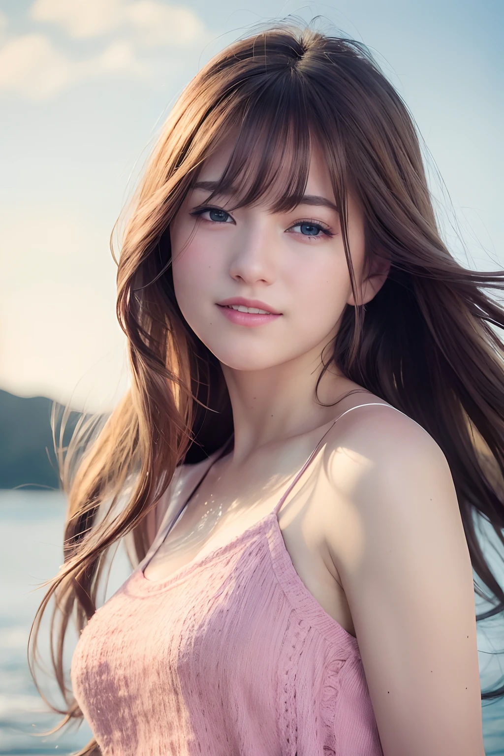(8k, Best Quality, Masterpiece:1.2), (Realistic, Photorealistic:1.37), Ultra Detail, 1 Girl,Cute,Solo,Beautiful Detailed Sky,Date,(Blush),(Smile:1.15),(Closed Mouth)Small Breasts,Beautiful Detailed Eyes,(Long Hair: 1.2),Floating Hair NovaFrogStyle, Upper Body, Tank Top
