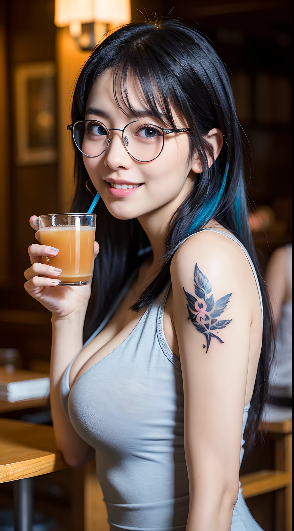 Best Quality, Face Focus, Soft light, 超A high resolution, (Photorealistic:1.4), Raw photo,Highlight the valley
Japan girls, Cute, (pupils on, Light in the eyes)， Detailed beautiful face, (large boob),(High-resolution details of human skin texture),Frolic，Cute smile，eye glasses、 
(Blue hair）、indecency、Obscene Dynamic Poses、shinny skin、The restrained face is cute、You can see the valley、Blackhead Cowhorn、Bat Wings、Snake tail、Tattoo of a flower on the abdomen、Drinking a lot of milk
Damask Shirt Dress,
(Portrait)