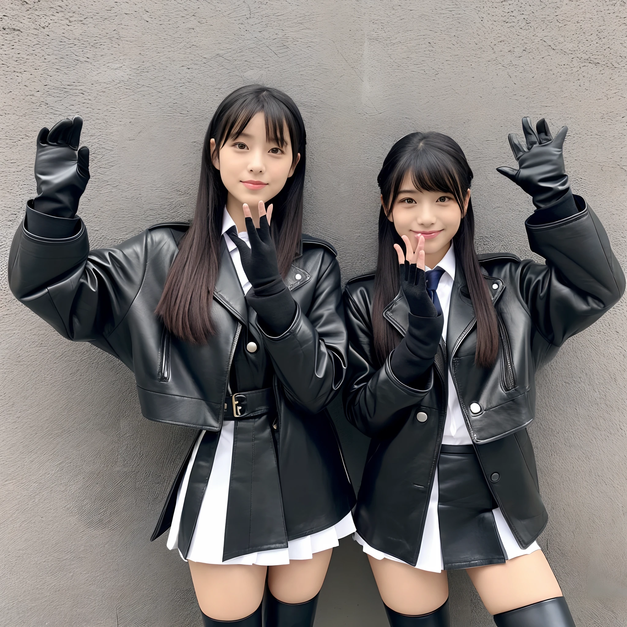 Innocent Japan high school girl、(Black leather gloves on both hands up to the tips of the fingers)、Black Leather Double Trend Coat、Black Leather Knee High Long Boots(Black leather gloves on both hands up to the tips of the fingers)
