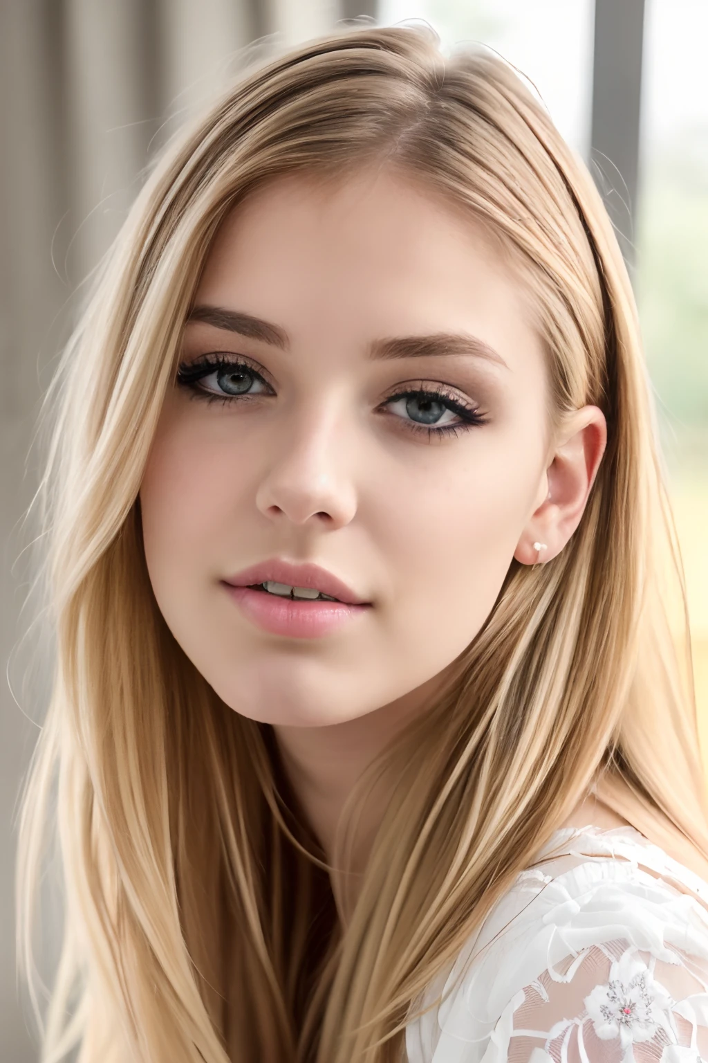 ((best quality)), ((ultra res)), ((photorealistic)), (intricate details), 19 years old, blonde hair, perfect face, make up:1.5, light on face, face detail, pixie_cut,