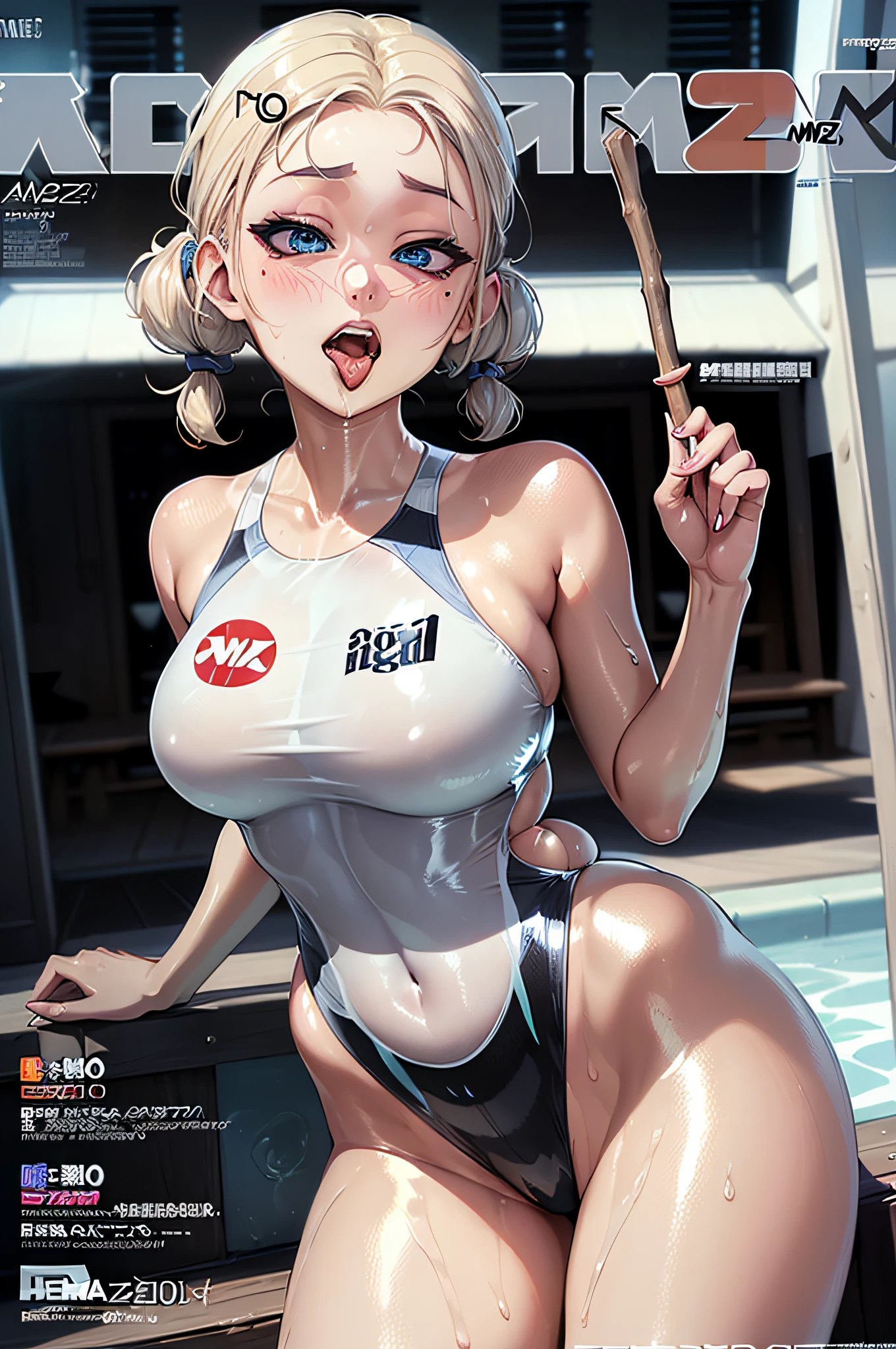 (Magazine Cover:1.8)、opens legs、 pretty 1girl, top-quality、The ultra -The high-definition、hight resolution、extremely details CG、8K Unit Wallpapers、20yr old、Beautiful detailed eyes,Platinum Blonde Hair、pigtail hair、(((Competition swimsuit with lines、competition swim suit)))、(Shiny body,:1.5)、 (Ahegao:1.5)、(Stick out your tongue)、(Cosplayer Enako)、