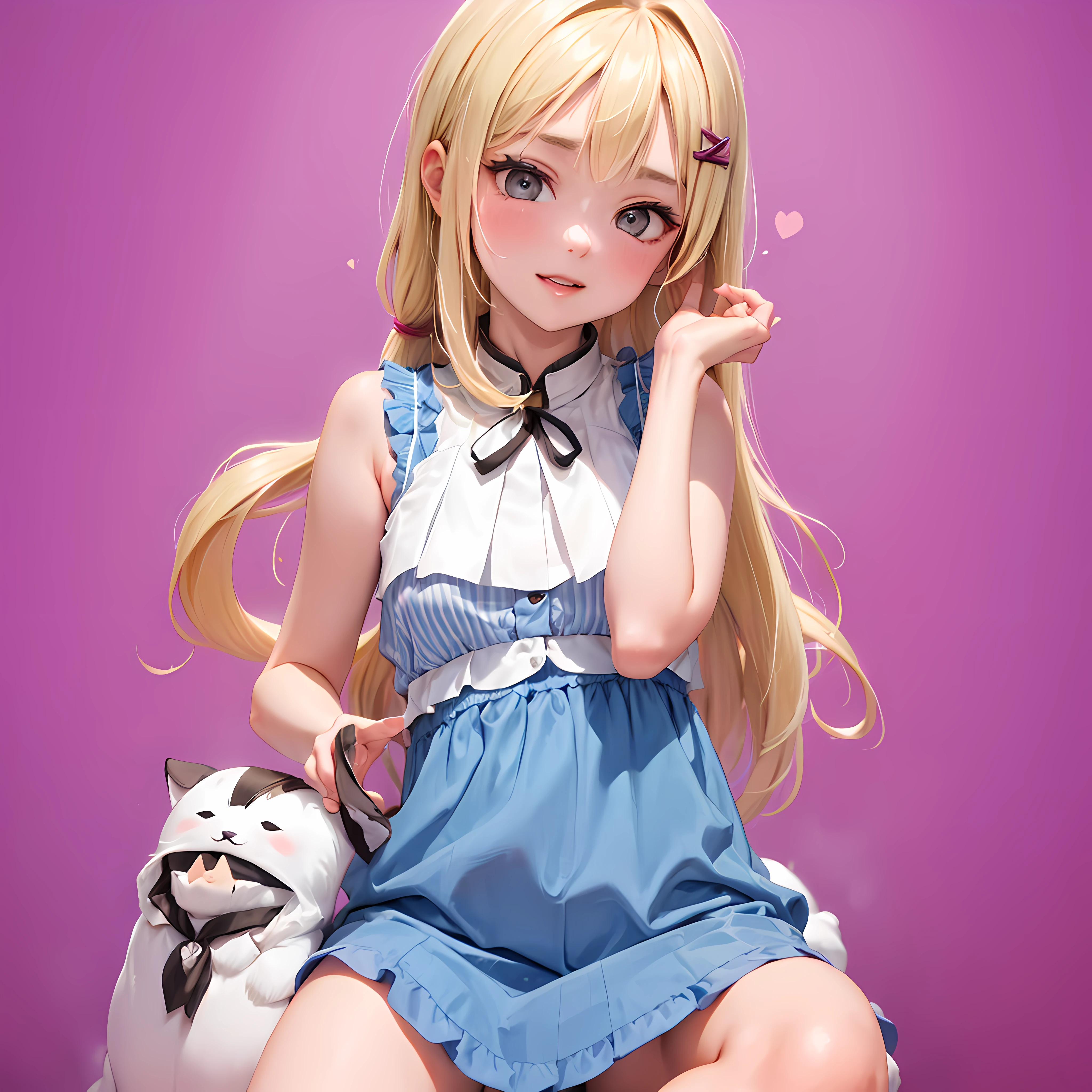 Anime girl with long blonde hair sitting on a chair with a cat - SeaArt AI