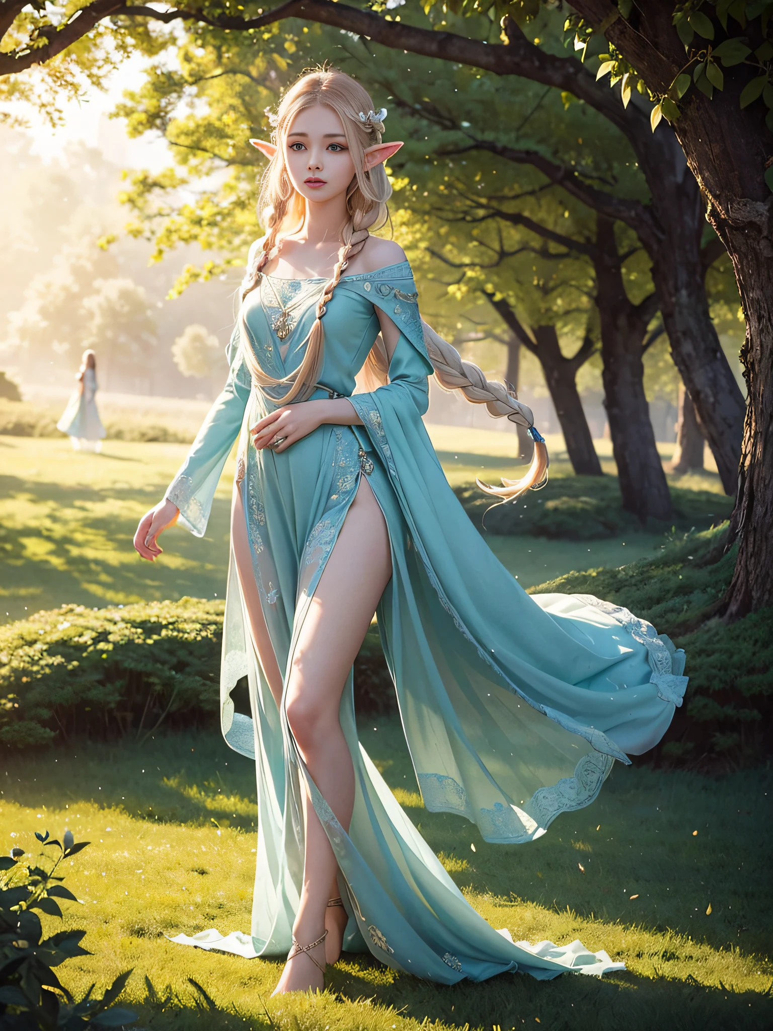 Graceful elven girl standing in meadow, Delicate face illuminated by the soft light of the setting sun. Her long, Flowing hair runs down your back, Decorated with intricate braids、Adorned with sparkling gemstones. This great photo is、、、It captures the ethereal beauty of elves. Slender figure in silk dress、Swaying in the soft steppe breeze. Attention to detail、Face that is、Face that is、Face that is、Face that is、It is evident in the intricate patterns of the dress and the subtle highlights of the luminescence. skin. The breathtaking portrayal of the elven girl is、、、、、Create an enchanting atmosphere、It invites the viewer to a magical world.