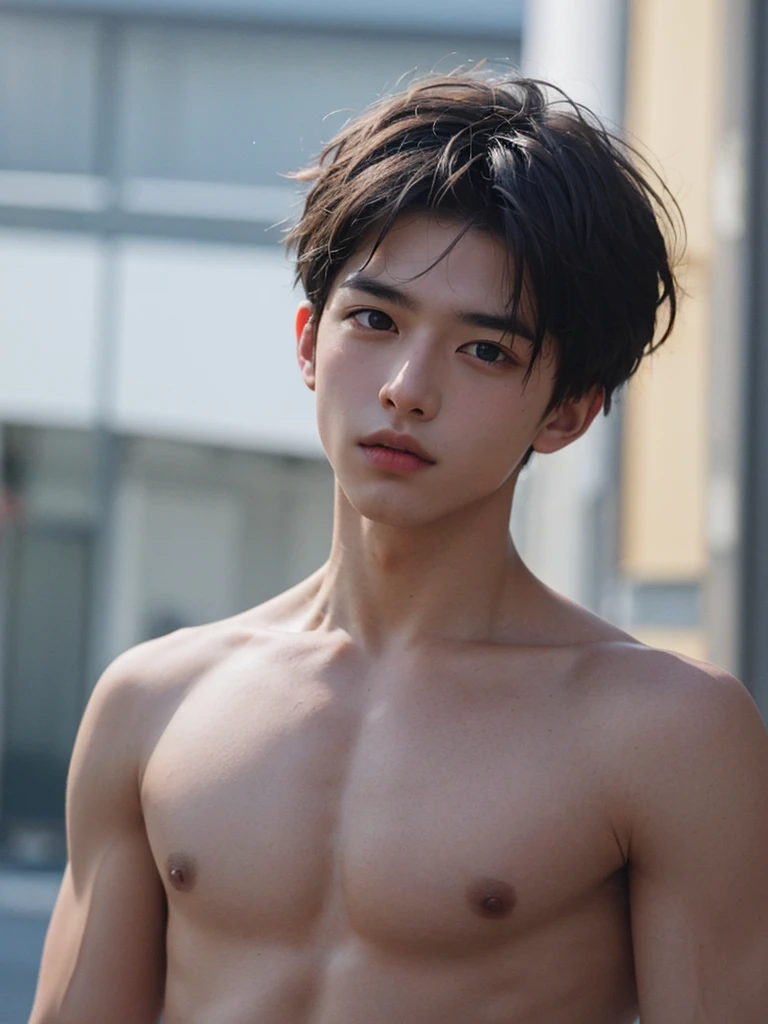 Raw photography, 1boy, Male Focus, Naked young man, hair messy, Looking at Viewer, in a street, Beautiful lighting, deepshadow, Best Quality, masutepiece, Ultra-high resolution, Photorealsitic, Blurry background