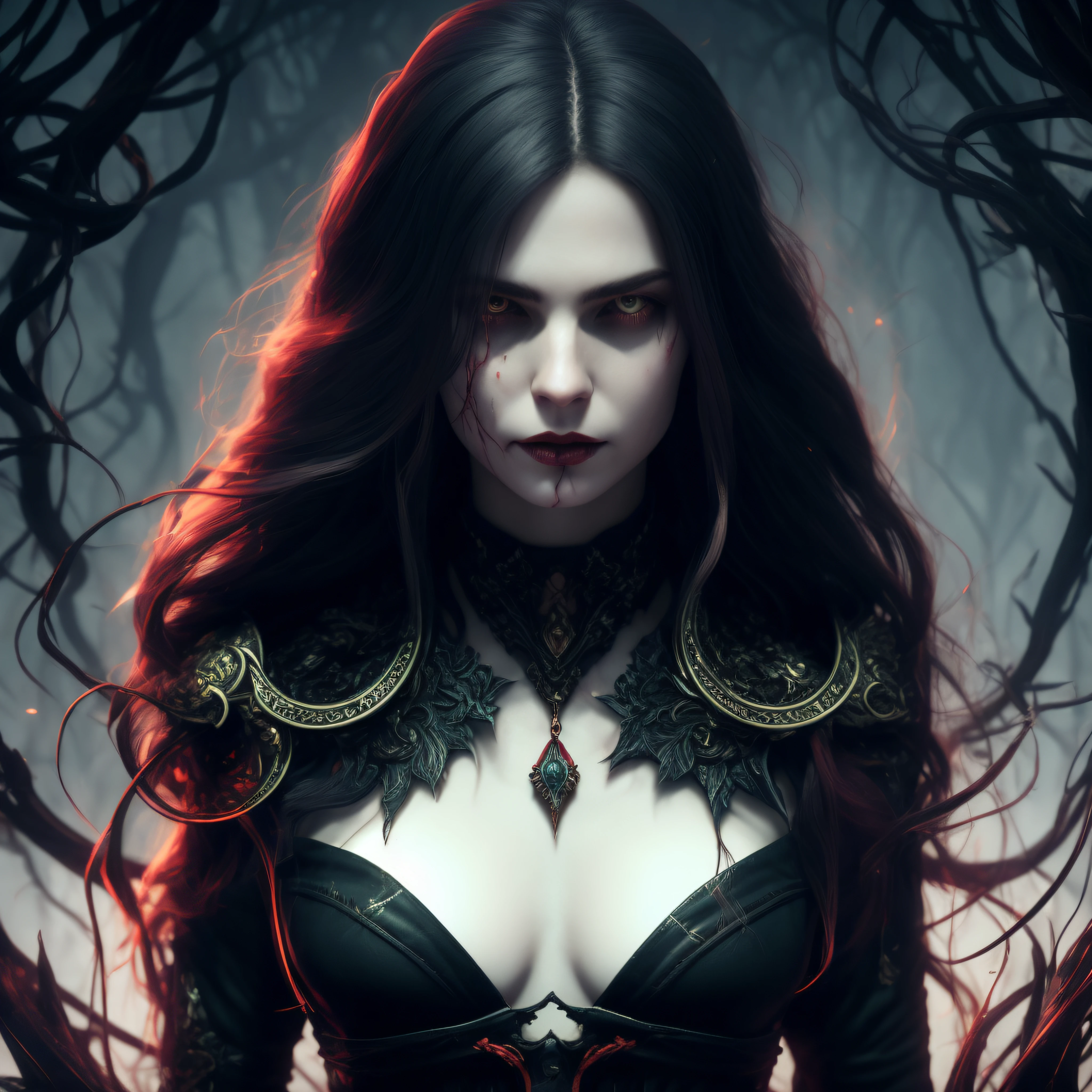 ((do peito para cima)), (((onda de sangue))), ornado, intrincado, Um hiper-detalhado, ultra-sharp digital painting in a creepy and bloodwave style, depicting a woman with long flowing hair, os detalhes intrincados e ornamentados da obra de arte acentuam a atmosfera de horror e sinistro, creating a sense of unease and fascination, the smooth and sharp focus capturing every chilling aspect, the full-body illustration showcased in 8k resolution, portraying the woman in all her terrifying glory, [seios perfeitos]