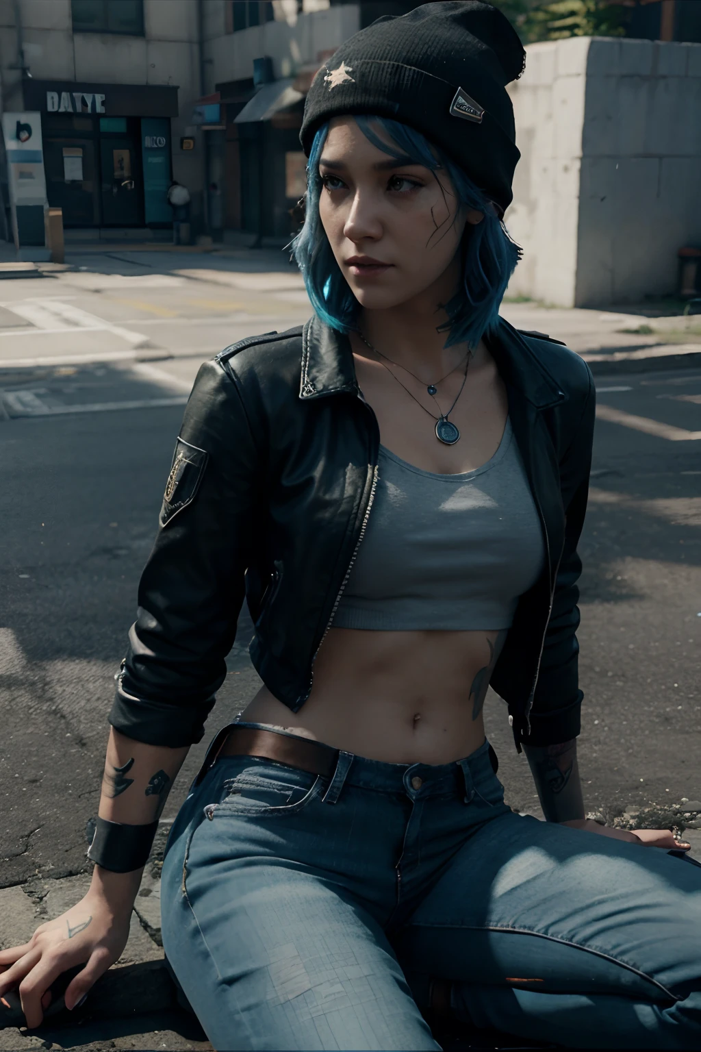 Female, Chloe price, Max Caulfied, eyeliner, piercings, top, jeans, black beanie, dark hair with blue streaks, crossed legs, on ground, necklace, tattoos, cutscene, mid-cutscene, good graphics, video game, video game style, ps5, 4K, Intricate detail, dramatic lighting, Cinematic, in-game, RTX, ray-tracing, Crazy good looking, impressive, state of the art-graphics