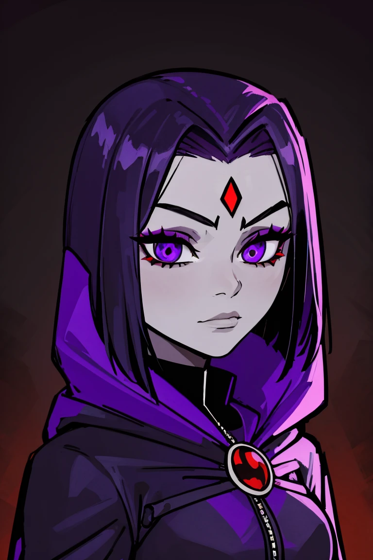 Raven, teen titans, hooded, goth girl, autumn forest background, detailed, detailed, detailed, beautiful, detail, goth girl, masterpiece, purple clothes, red jewel centre head, dark night background, gothic, goth, goth, detailed, goth girl, piercings, detailed face, looking viewer, raven, (Dark eye shadow) dark eye shadow, black eye shadow,