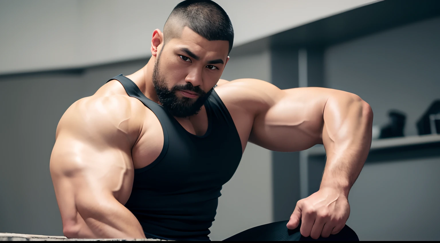 (Very detailed 8k wallpaper), Strong Asian Men, At the gym, high detailing, buzzcut，very short beard, very large and strong body, bulging muscles, well-muscled, very large pectoral muscles. Very sexy abs, legs are muscular, Toned figure, lightens oily skin, muscular, Tank top, medium shot