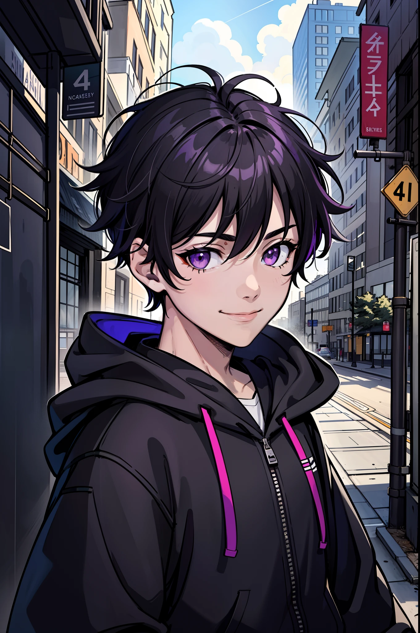 Young boy, 1boy, short, Bus stop, Purple eyes, Black hair, Messy hair, bangs between eyes, Best quality, day, Masterpiece, Colorful, Black hoodie, Upper body, wearing headphone, view the viewer, A slight smil, cunning, Face focus, Dutch angle, 4k high definition