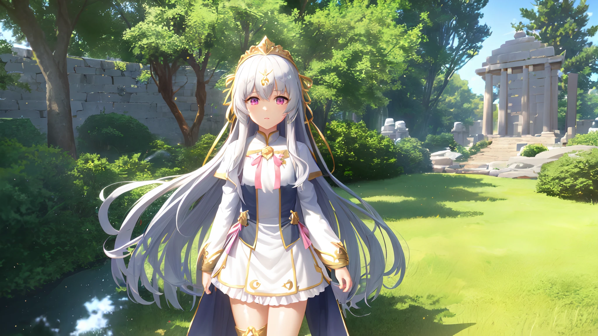 Cute girl Illyasviel from fate has long silvery-white hair,pink eyes,wearing golden robe and long skirt,athena temple in background,littleloli,kawaii,anime style,Lumen Reflections,Screen Space Reflections,Diffraction Grading,Chromatic Aberration,GB Displacement,Scan Lines,Ray Traced,Anti-Aliasing,FXAA,TXAA,RTX,SSAO,Shaders,OpenGL-Shaders, GLSL-Shaders,Post Processing,Post-Production,cell Shading,Tone Mapping,CGI,VFX,SFX,insanely detailed and intricate,4K,((masterpiece:1.4, best quality))