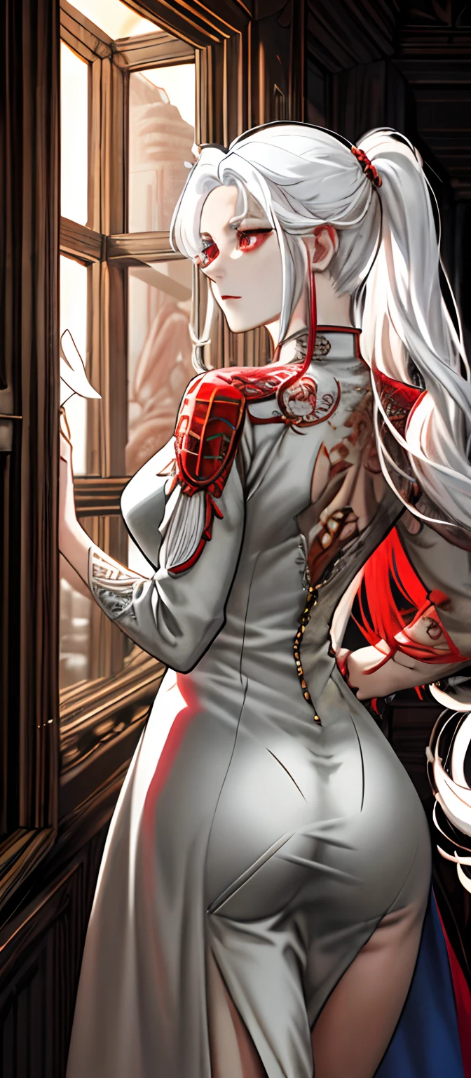 1female, White hair, Red eyes, (woman,Royal Sister_Shot:1.2), Ass focus, Long hair, side locks,Expressions of danger,Extreme panic,Close-up of the front of the butt,After being violated ,Scared,(terrified:1.1) expression,Watching from behind,Back view, Atmospheric lighting, Moody, Darkness, In an abandoned old museum, Clear glass display case full of interesting items, Dusty, Post-apocalypse, spiderwebs, masterful, Beautiful 8k wallpaper,Camel hooves ,Extremely detailed, Intricate,a warm color palette,Half naked chest,huge tit(D),plethora of colors,bright sun,Wear a gorgeous coat,Wear a red cheongsam inside,Broken clothes,a queen,Beautiful young woman