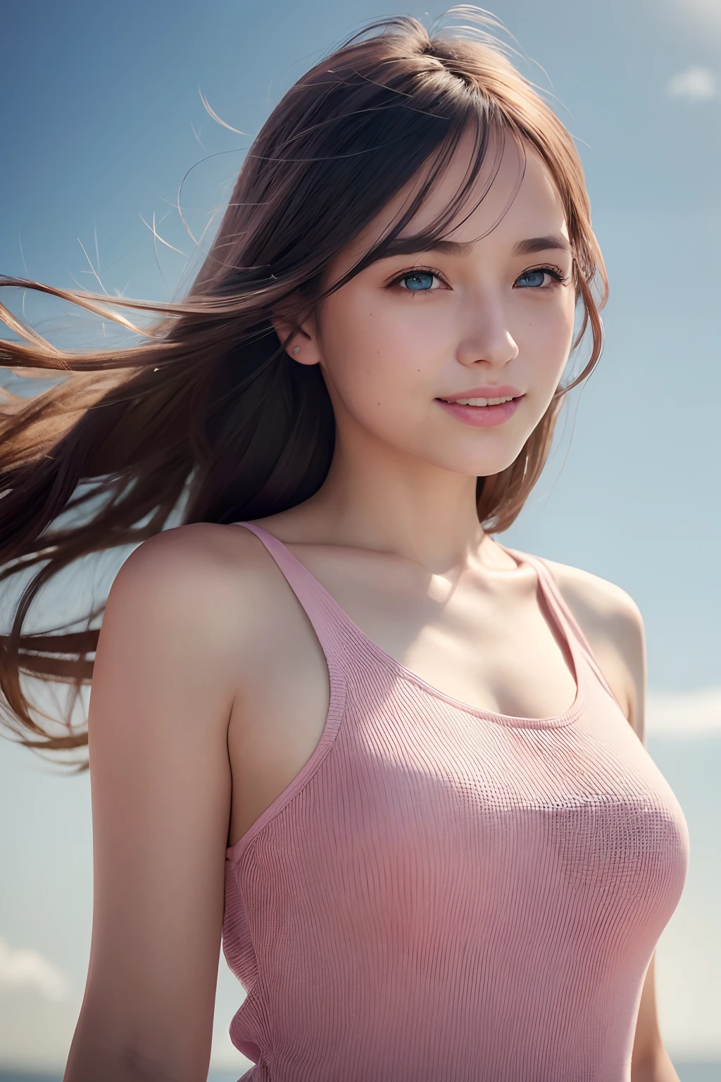 Beautiful woman with long hair, A woman with a beautiful C cup in a dress、Upper body shot、Blue sky background with rainbow、Cute realistic portrait, Trending on cgstation, Detailed digital anime art, [ 8K Digital Art ]!!, 8K high quality, detailed art, Attention to detail
