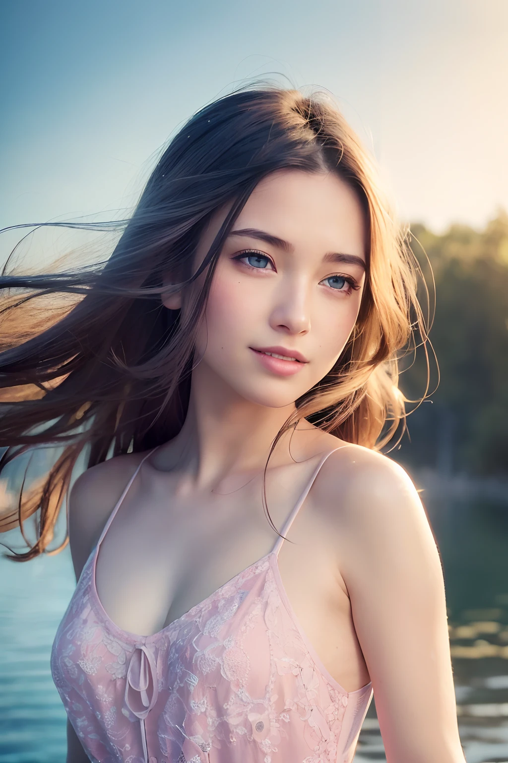 Young woman, long brown hair that falls gently in waves. Big, blue eyes, average height. elegant clothes with touches of creativity and originality, natural skin, clothing details, florianópolis, night, smiling, happy, 8k texture, highly detailed, realistic, soft cinematic light, HDR, focus sharp, masterpiece, photorealistic, award-winning photography, 35mm,