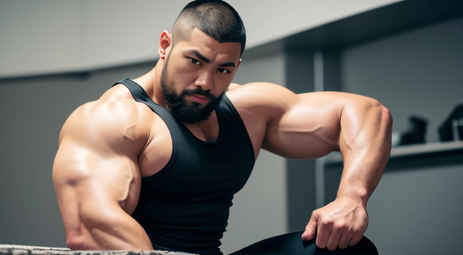 (Very detailed 8k wallpaper), Strong Asian Men, At the gym, high detailing, buzzcut,very short beard, very large and strong body, bulging muscles, well-muscled, very large pectoral muscles. Very sexy abs, legs are muscular, Toned figure, lightens oily skin, muscular, Tank top, medium shot