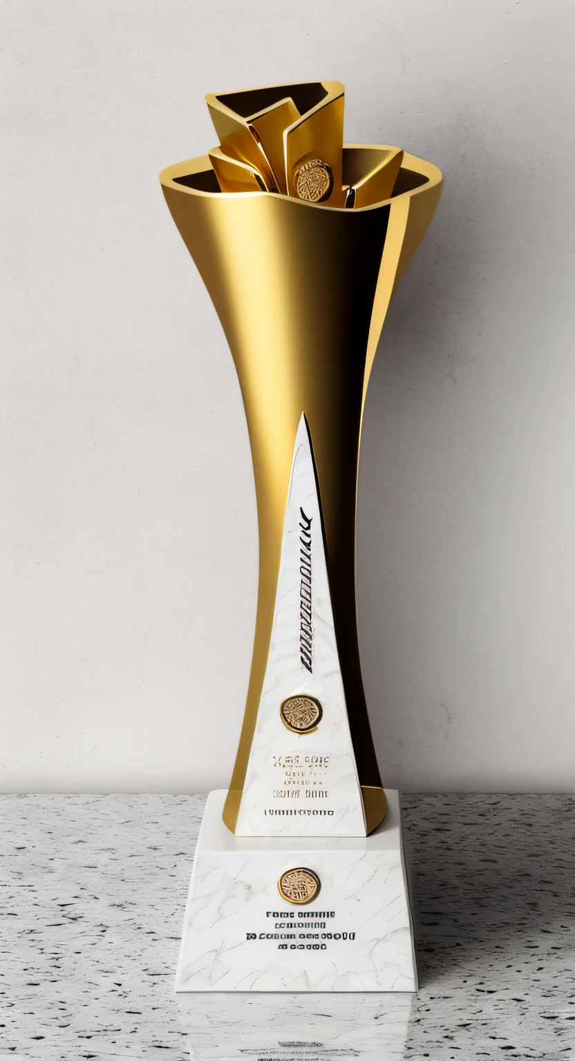 Gold Trophy，Placed on the table，Side lighting，Realistic details，Awards and honors，White cement wall in background，