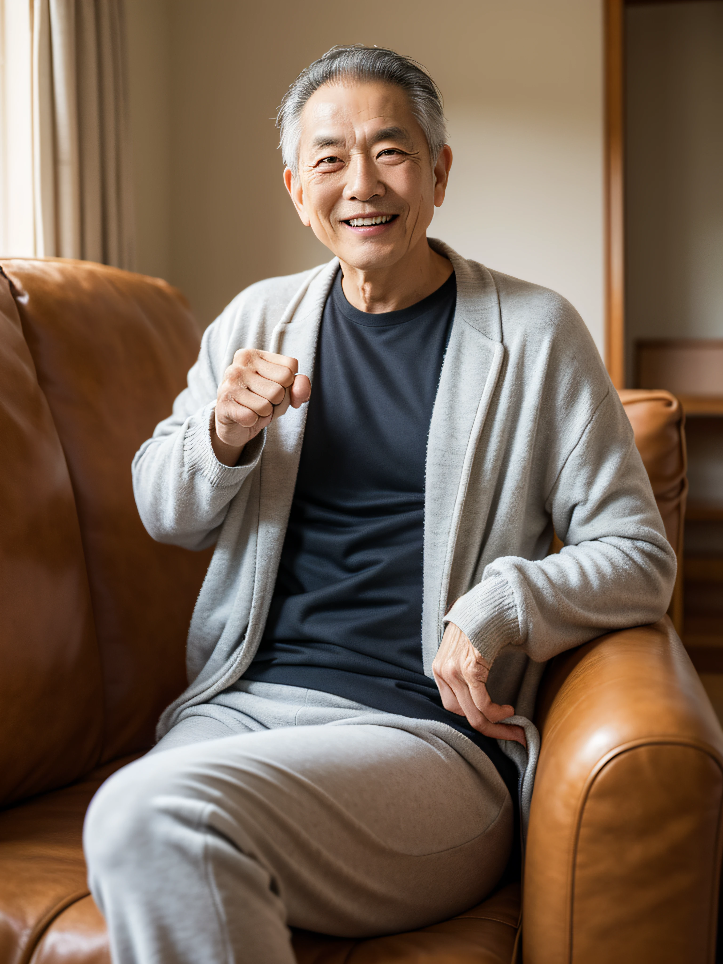 A Japanese man, Male in his 60s, smile, loungewear, Fist pump, background is living room wall