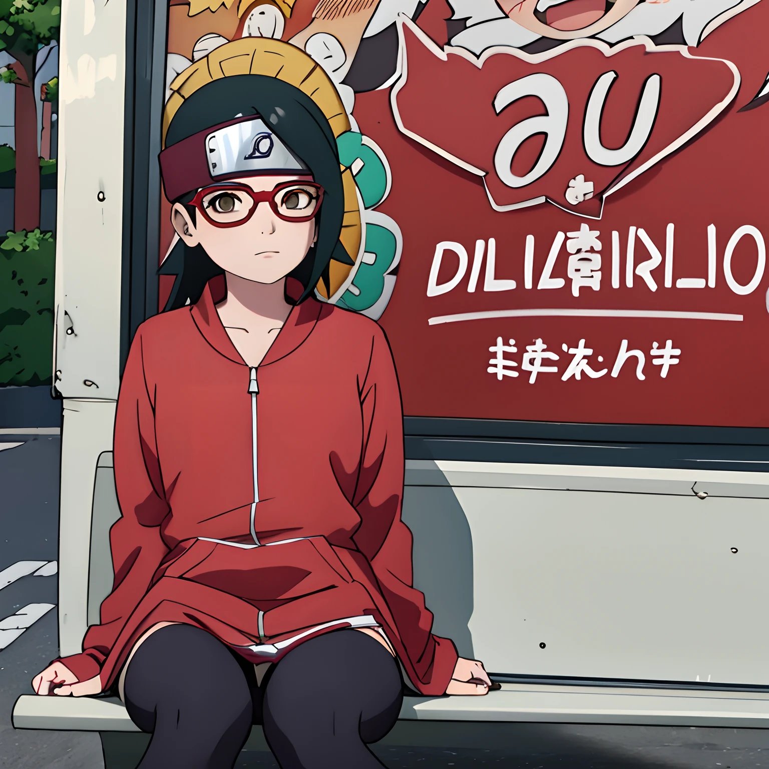 Sarada uchira, Naruto,A girl sitting at a bus stop, melhor qualidade, 8k, HDR, curvas perfeitas, qualidade de fundo, fundo detalhado, foco na personagem, perto do vizualizador, saia curta, moletom, olhos perfeitos, olhos azuis, rosto angelical, detalhes no corpo, seios pequenos, calcinha, detalhes na roupa, expression of shame, bochechas vermelhas,