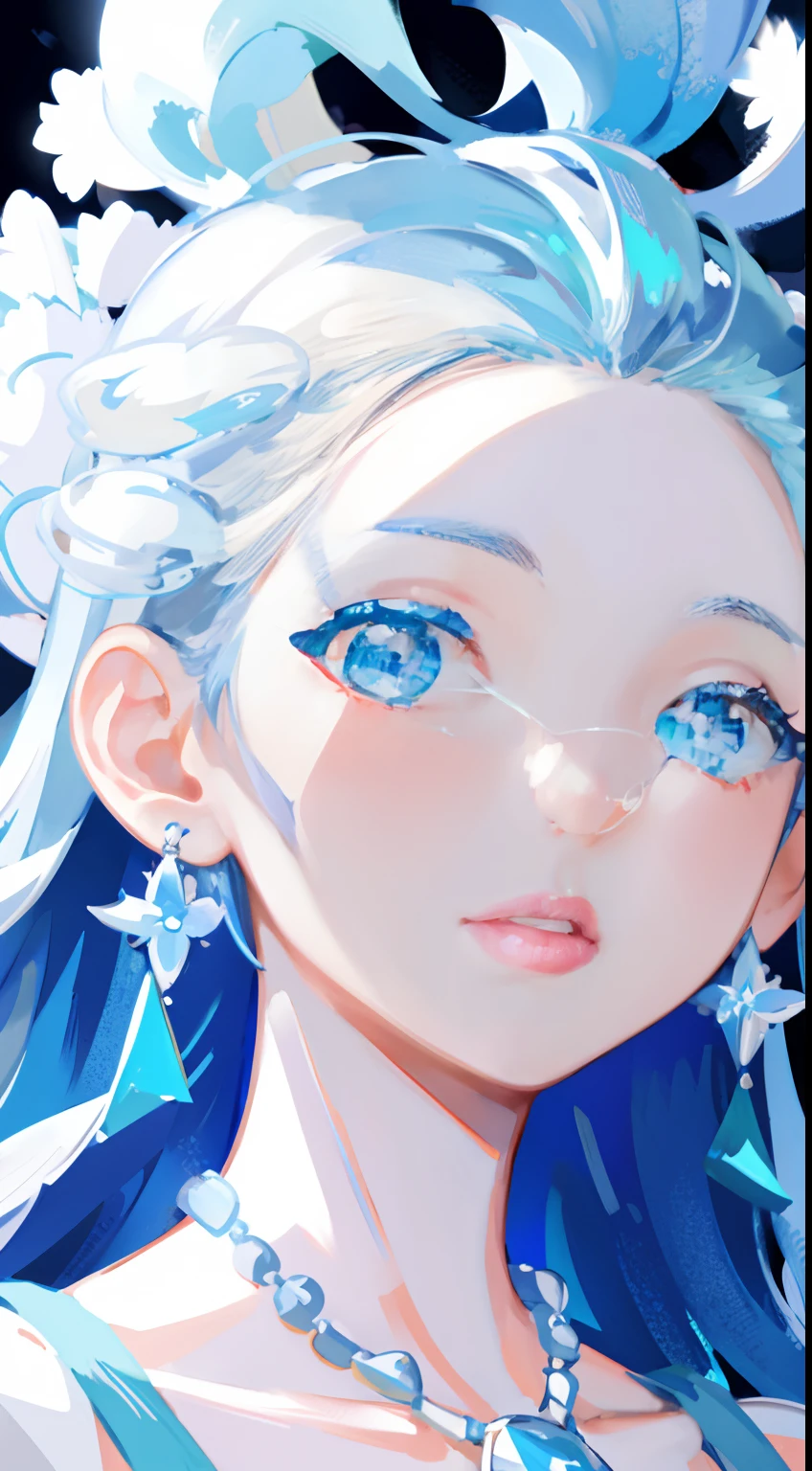 masterpiece, best quality, illustration, sax blue, platinum earrings, platinum necklace, white dress, 1girl, cute, (dynamic lighting:1.2), cinematic lighting, delicate facial features, detailed eyes, sharp pupils, realistic pupils, depth of field, bokeh, sharp focus, (hyper-detailed, bloom, glow:1.4), many small gems