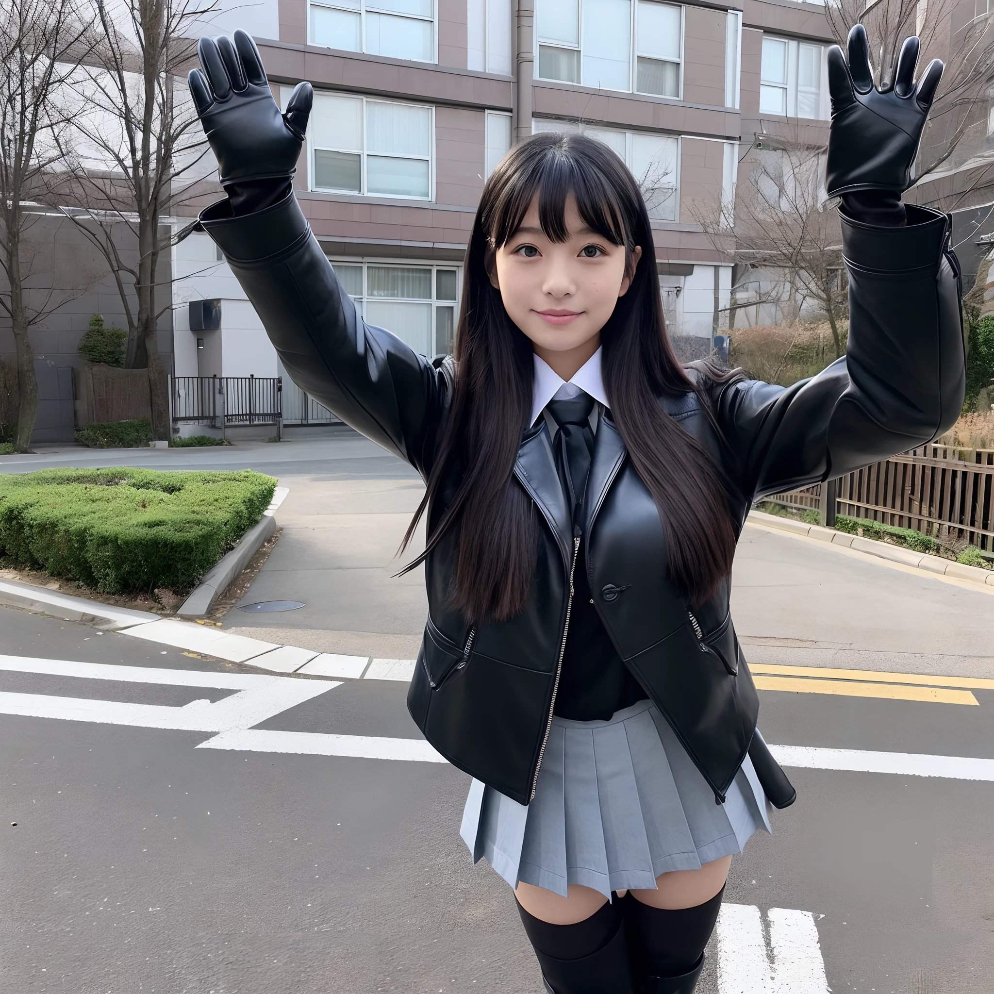 Innocent Japan high school girl、(Black leather gloves on both hands up to the tips of the fingers)、Black Leather Double Trend Coat、Black Leather Knee High Long Boots(Black leather gloves on both hands up to the tips of the fingers)、Traveling alone