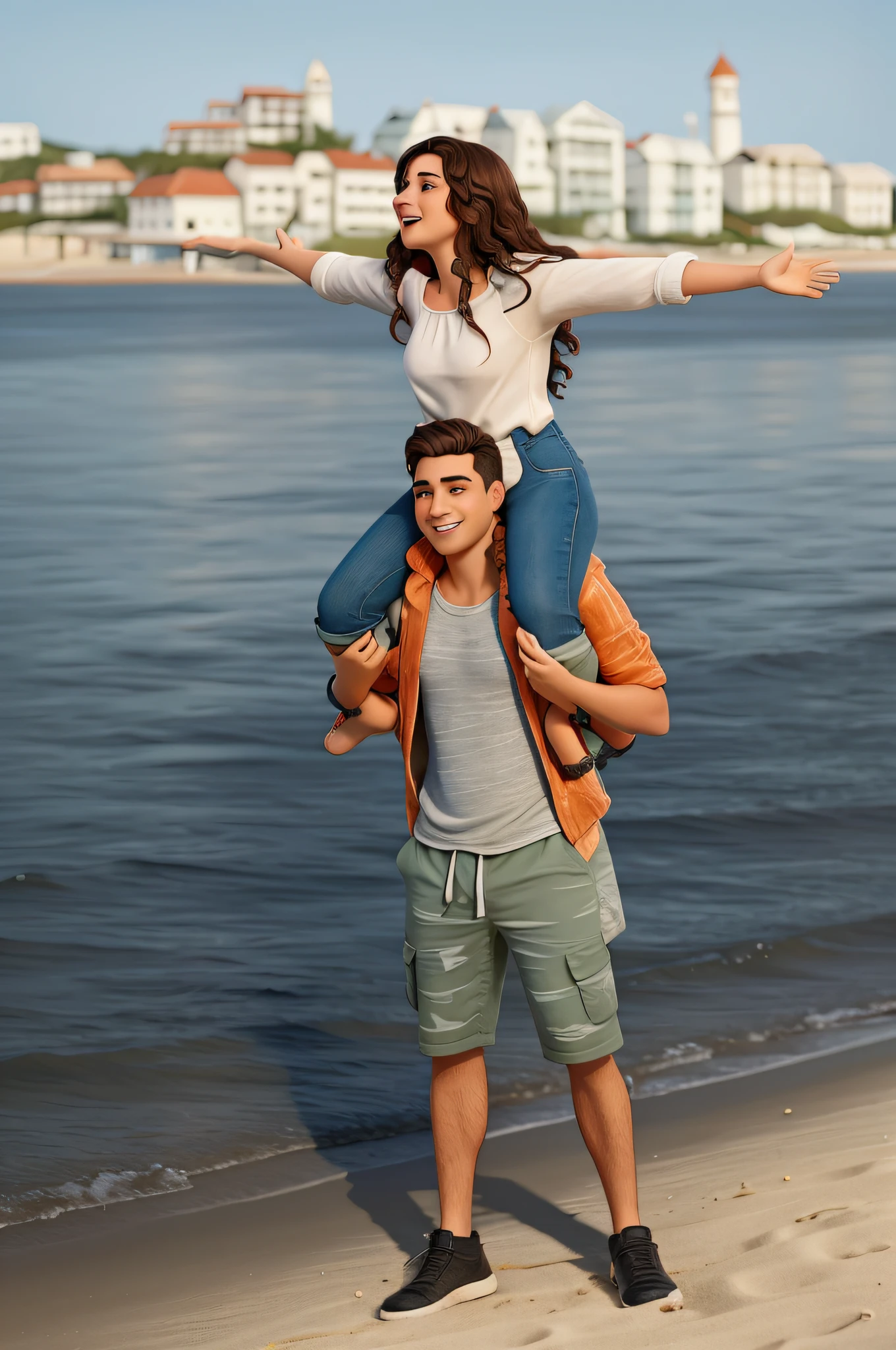 they are on the beach with their arms outstretched out, mixed art, bottom angle, happy couple, having fun, by Niko Henrichon, help me, wonderful scene, photo still, promo still, photo of a beautiful, shoulder in front pose, aleksander rostov, people in beach, on a beach, in a beachfront environment