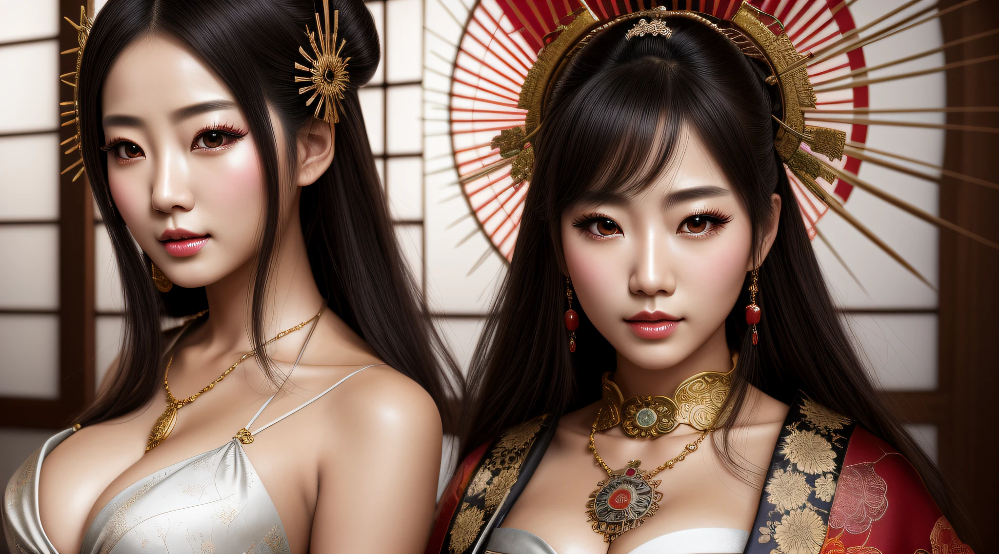 Best quality, 4k hd, realistic portrait, posing for a photo, only show upper half, beautiful japanese girl, Japanese Clothing, beauty fantasy, sexy busty dress, asian super detailed, seductive, Samurai statue, fantasy art, exhibitionism, slit, sexy outfit