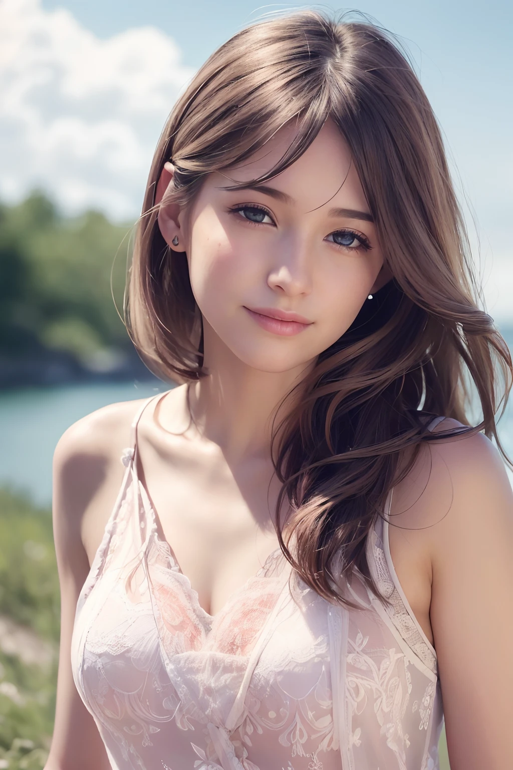 (8k, Best Quality, Masterpiece:1.2), (Realistic, Photorealistic:1.37), Ultra Detail, 1 Girl,Cute,Solo,Beautiful Detailed Sky,Date,(Blush),(Smile:1.15),(Closed Mouth)Small Breasts,Beautiful Detailed Eyes,(Long Hair: 1.2),Floating Hair NovaFrogStyle, Upper Body, Tank Top