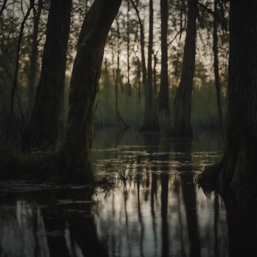 ((Masterpiece)), (Best quality), (Ultra detailed), ((Very detailed)), 4K, (8K), Marshlands,dimly lit,big trees,Swamp Swamp
