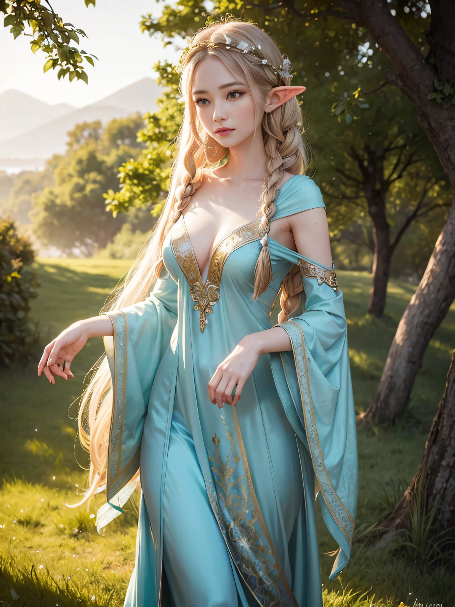 Graceful elven girl standing in meadow, Delicate face illuminated by the soft light of the setting sun. Her long, Flowing hair runs down your back, Decorated with intricate braids、Adorned with sparkling gemstones. This great photo is、、、It captures the ethereal beauty of elves. Slender figure in silk dress、Swaying in the soft steppe breeze. Attention to detail、Face that is、Face that is、Face that is、Face that is、It is evident in the intricate patterns of the dress and the subtle highlights of the luminescence. skin. The breathtaking portrayal of the elven girl is、、、、、Create an enchanting atmosphere、It invites the viewer to a magical world.