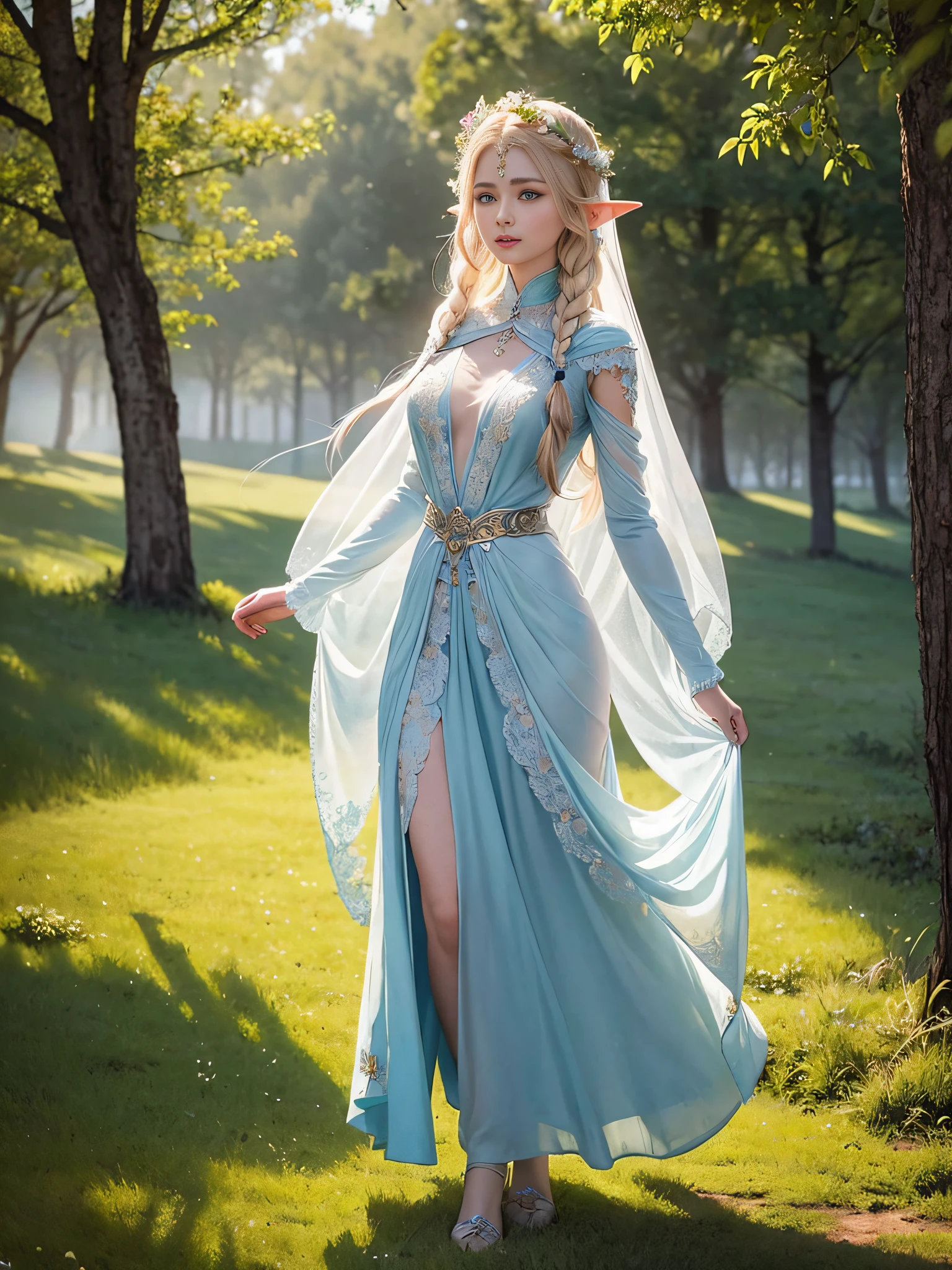Graceful elven girl standing in meadow, Delicate face illuminated by the soft light of the setting sun. Her long, Flowing hair runs down your back, Decorated with intricate braids、Adorned with sparkling gemstones. This great photo is、、、It captures the ethereal beauty of elves. Slender figure in silk dress、Swaying in the soft steppe breeze. Attention to detail、Face that is、Face that is、Face that is、Face that is、It is evident in the intricate patterns of the dress and the subtle highlights of the luminescence. skin. The breathtaking portrayal of the elven girl is、、、、、Create an enchanting atmosphere、It invites the viewer to a magical world.