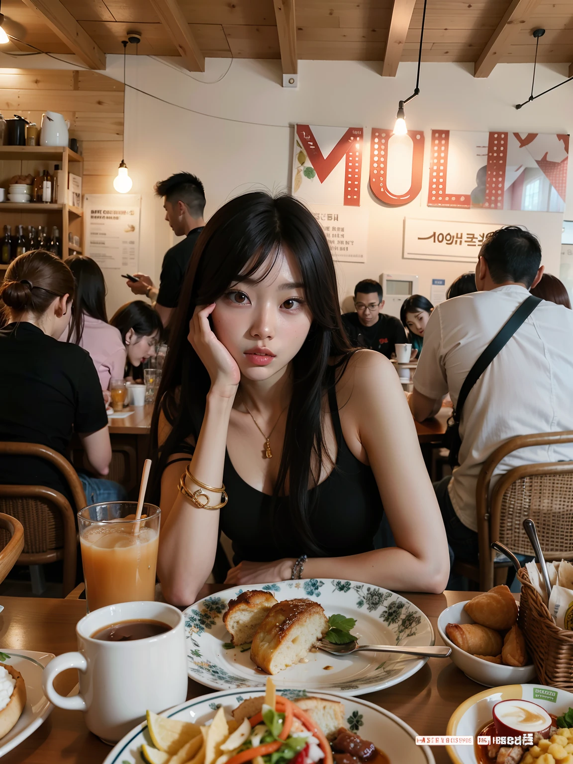 Woman sitting at a table with a plate of food and a cup of coffee, ulzzang, Mukbang, Taejune Kim, Jinyoung Shin, Hermosa joven coreana, Chica coreana, Foto de Slim Girl, Lulu Chen, a young asian woman, young asian woman, Hermosa mujer surcoreana, tumblr, Heonhwa Choe, Kim Jung sostiene