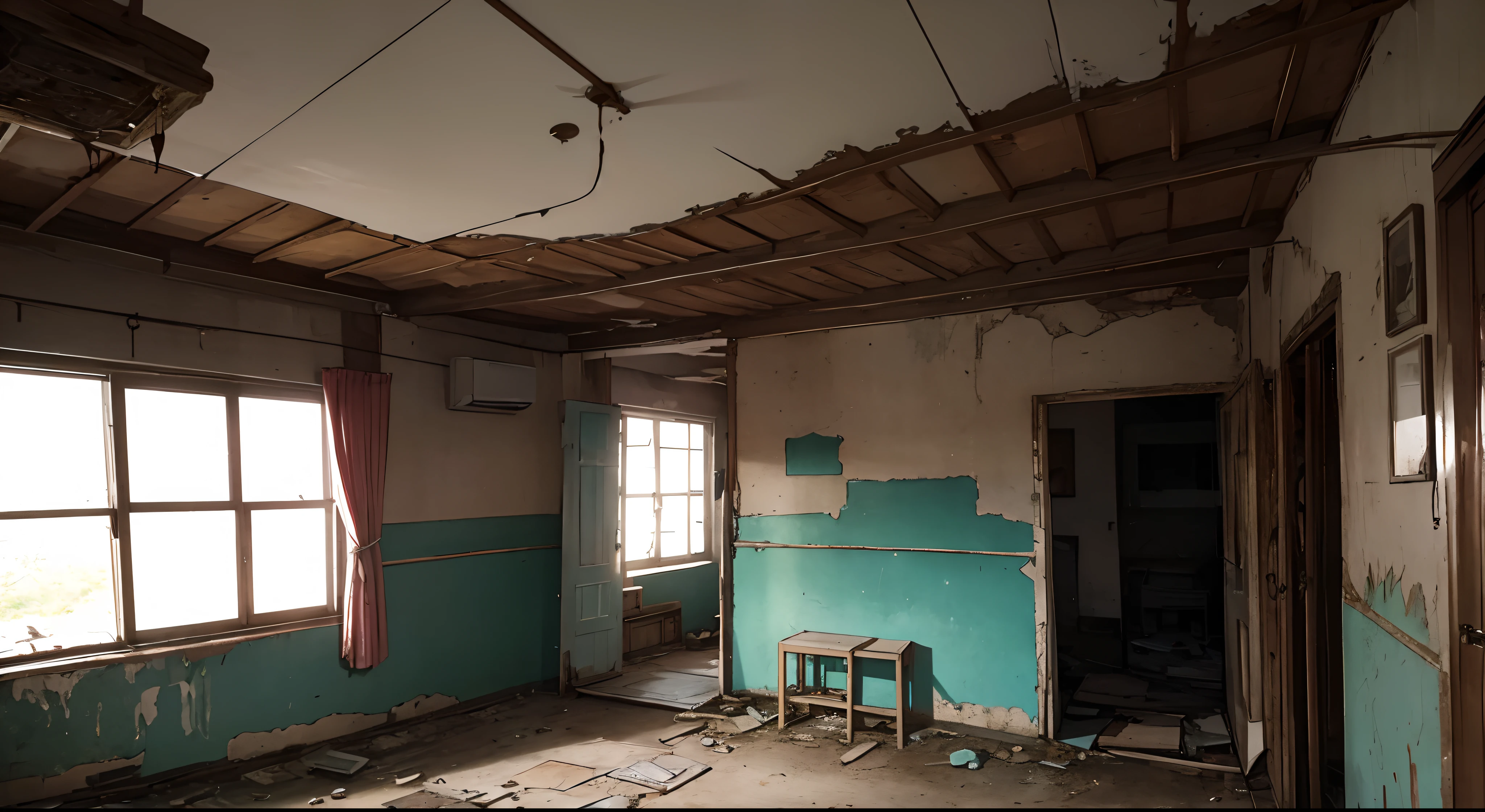 Interior of old bungalow from walking inside, decrepit, cold