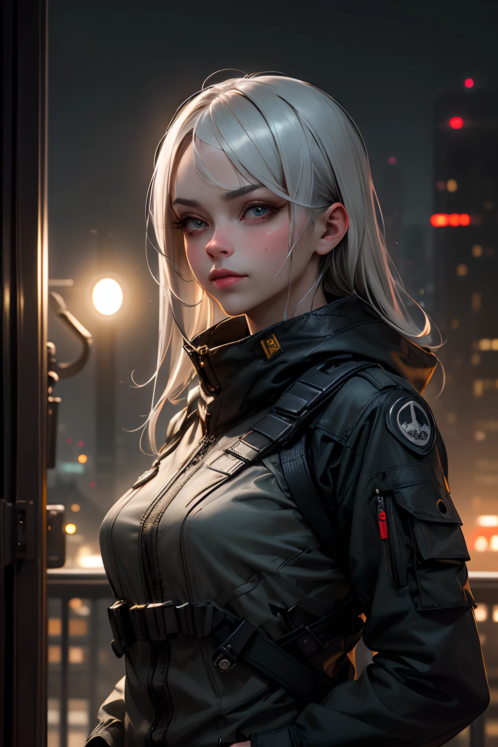 A silver-haired spy girl,beautiful detailed eyes,beautiful detailed lips,extremely detailed face,longeyelashes,spy outfit,confident expression,stealthy posture,nighttime setting,dark background,sleek and shiny hair,professional lighting,best quality,image noise reduction,ultra-detailed,realistic:1.37,concept art style,cool color tones,subtle but dramatic lighting effects,spying devices,night vision goggles,secret document,city skyline in the distance+,mysterious atmosphere