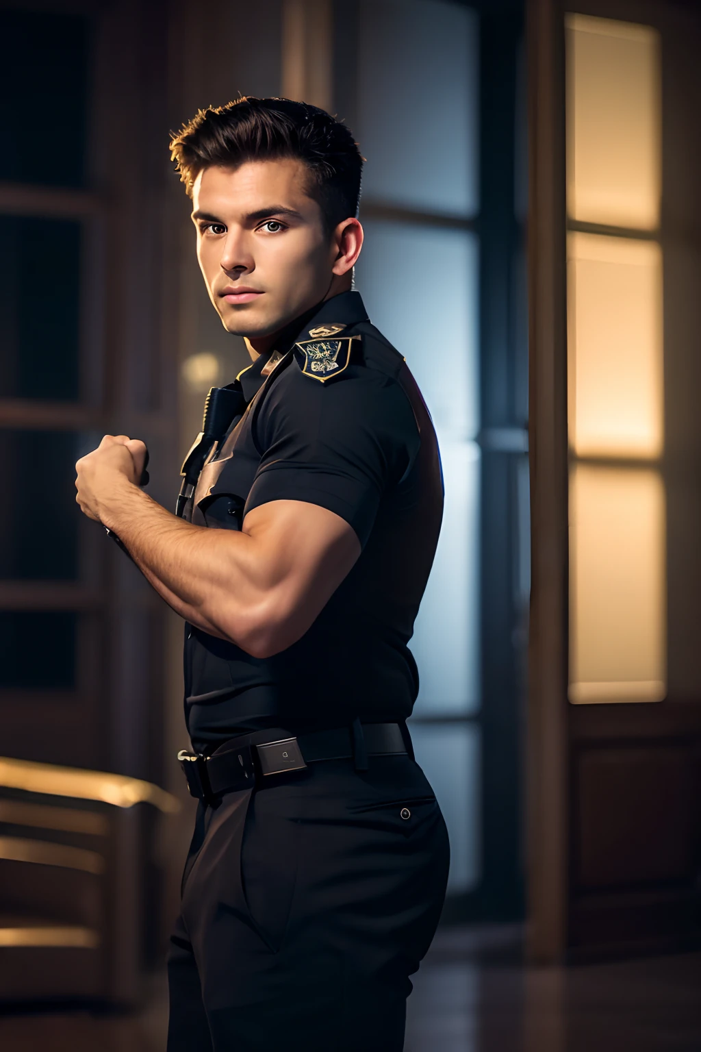 a male police officer in their 20s pose, Wear a black shirt, High-res, masterpiece, best qualtiy, Head:1.3,((Hasselblad photograp)), Fine fine skin, Clear focus, (Cinematic lighting), during night, Gentle lighting, dynamic angle, [:(Detailed face:1.2):0.2],(((Exercise))), sport, The arm muscles are very large, big bulge