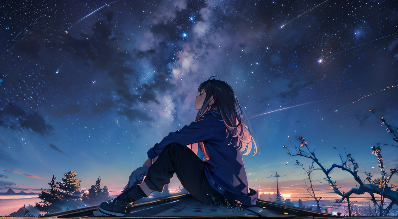 octans, Skysky, stele(Skysky), landscapes, starrysky, natta, 1girl in, nigh sky, 独奏, plein air, built, ​​clouds, milkyway, sitting on, The tree, length hair, 城市, silhuette, Cityscape、(((NSFW)))