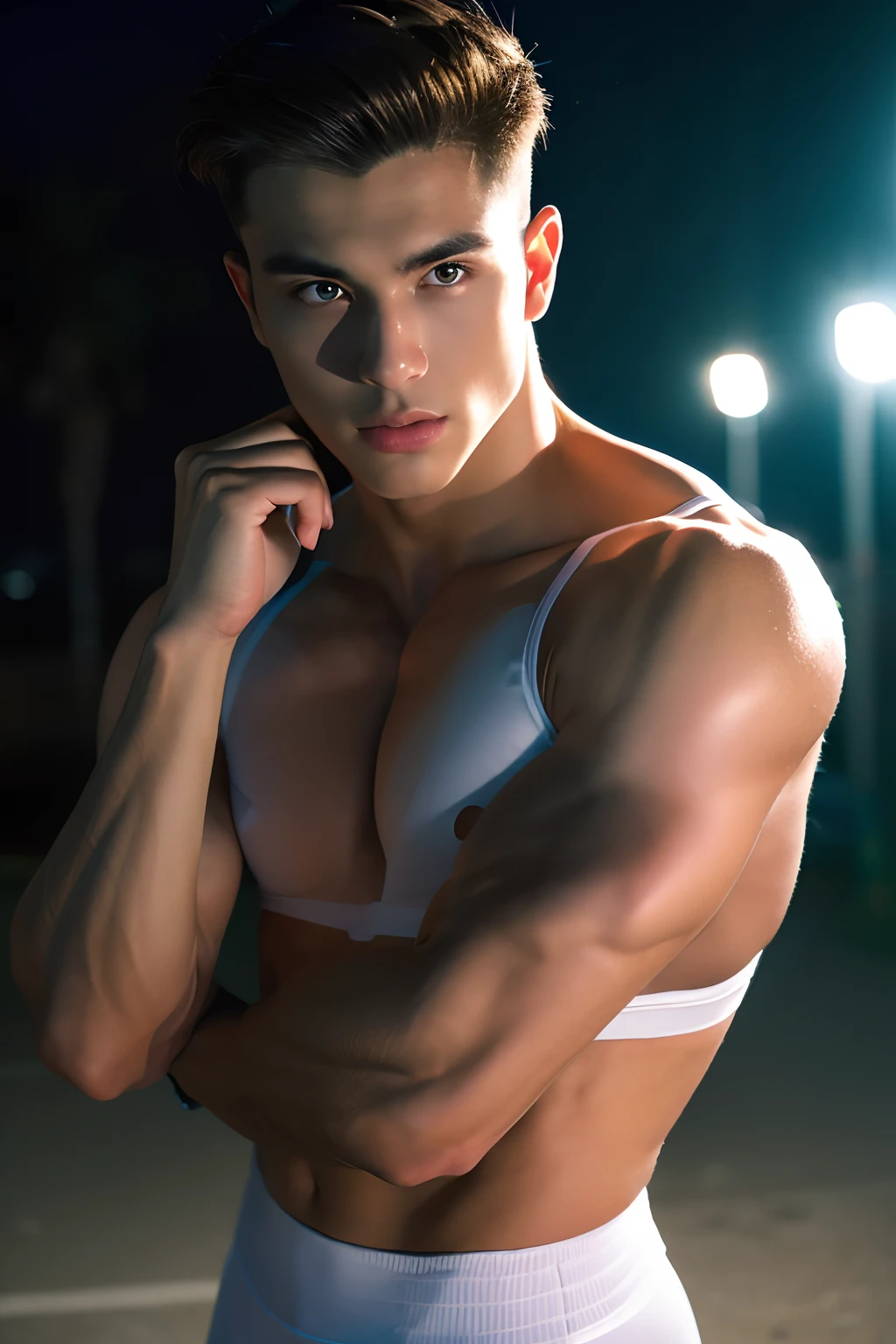 a sexy male lifegouard in their 20s, High-res, masterpiece, best qualtiy, Head:1.3,((Hasselblad photograp)), Fine fine skin, Clear focus, (Cinematic lighting), during night, Gentle lighting, dynamic angle, [:(Detailed face:1.2):0.2],(((Exercise))), sport, The arm muscles are very large, big bulge