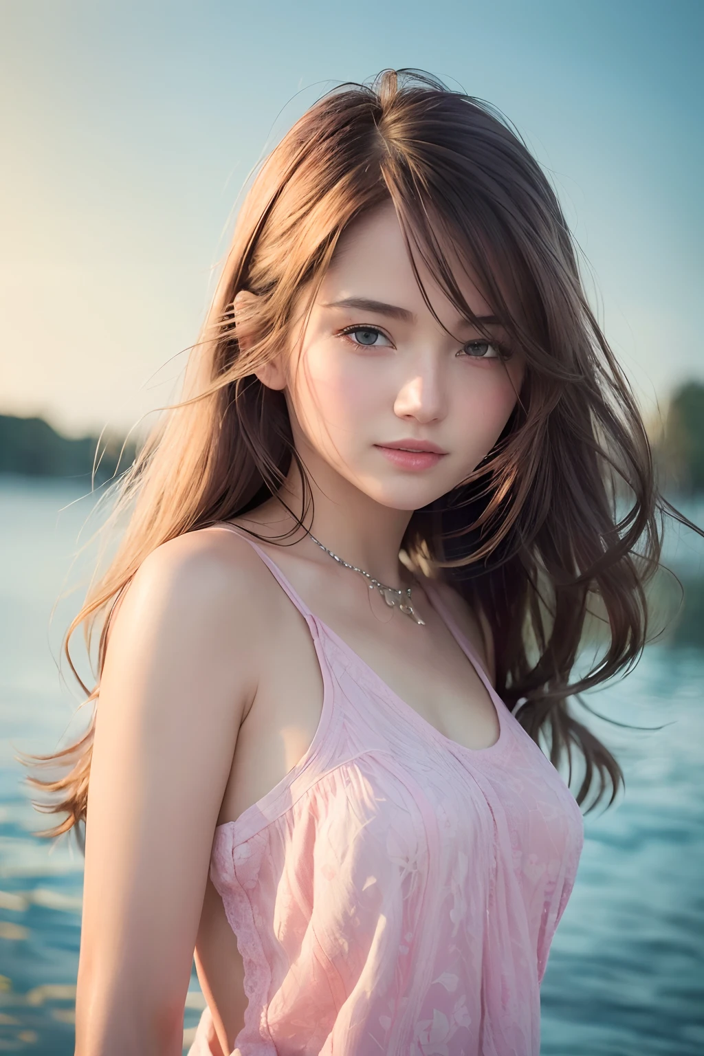 (8k, Best Quality, Masterpiece:1.2), (Realistic, Photorealistic:1.37), Ultra Detail, 1 Girl,Cute,Solo,Beautiful Detailed Sky,Date,(Blush),(Smile:1.15),(Closed Mouth)Small Breasts,Beautiful Detailed Eyes,(Long Hair: 1.2),Floating Hair NovaFrogStyle, Upper Body, Tank Top