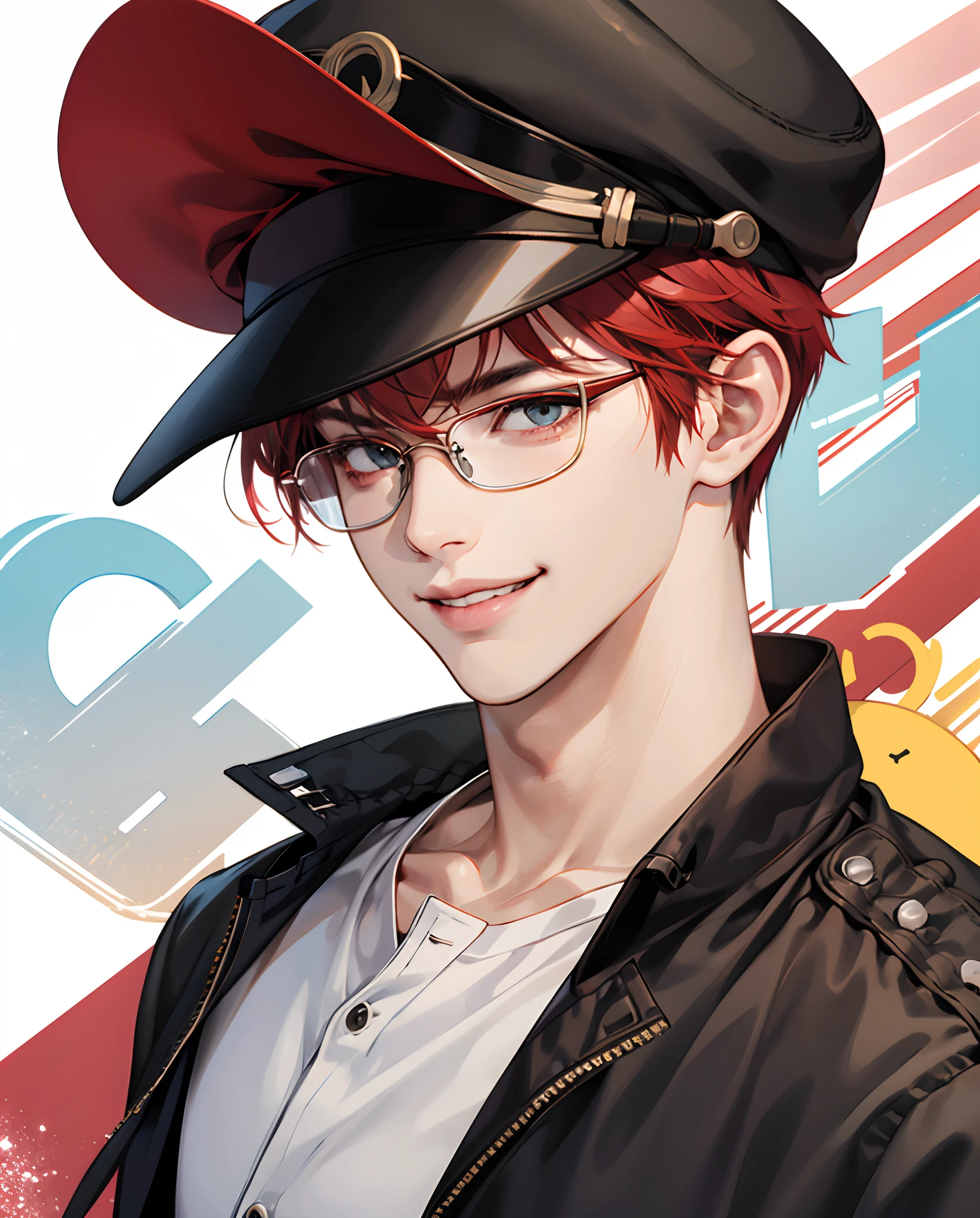 boy with glasses and red hair wearing a cap smiling cartoon style