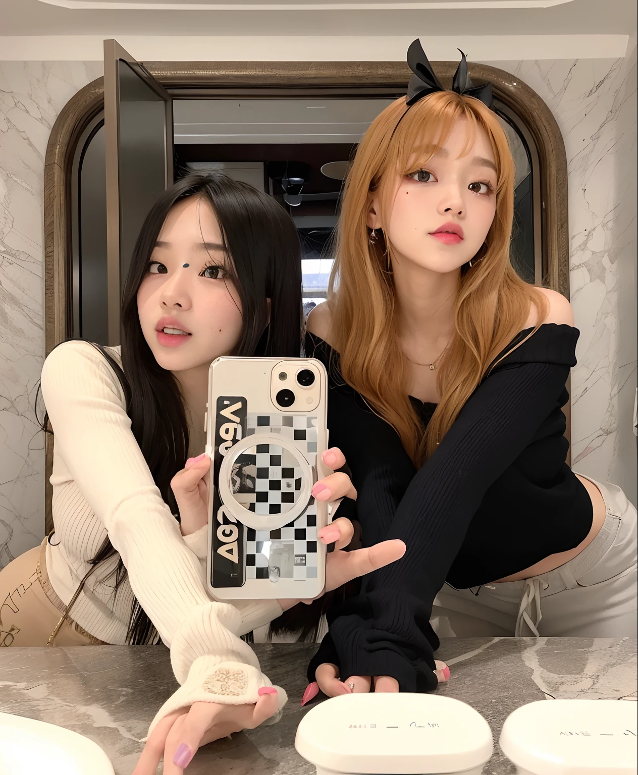 two women taking a selfie in a bathroom with a mirror, ulzzang, jossi of blackpink, blackpink, roseanne park of blackpink, 🔞🤡, yoshitomo nara and aya takano, ayami kojima and lyde caldwell, lalisa manoban of blackpink, sun yunjoo, lalisa manobal, 😭 🤮 💕 🎀