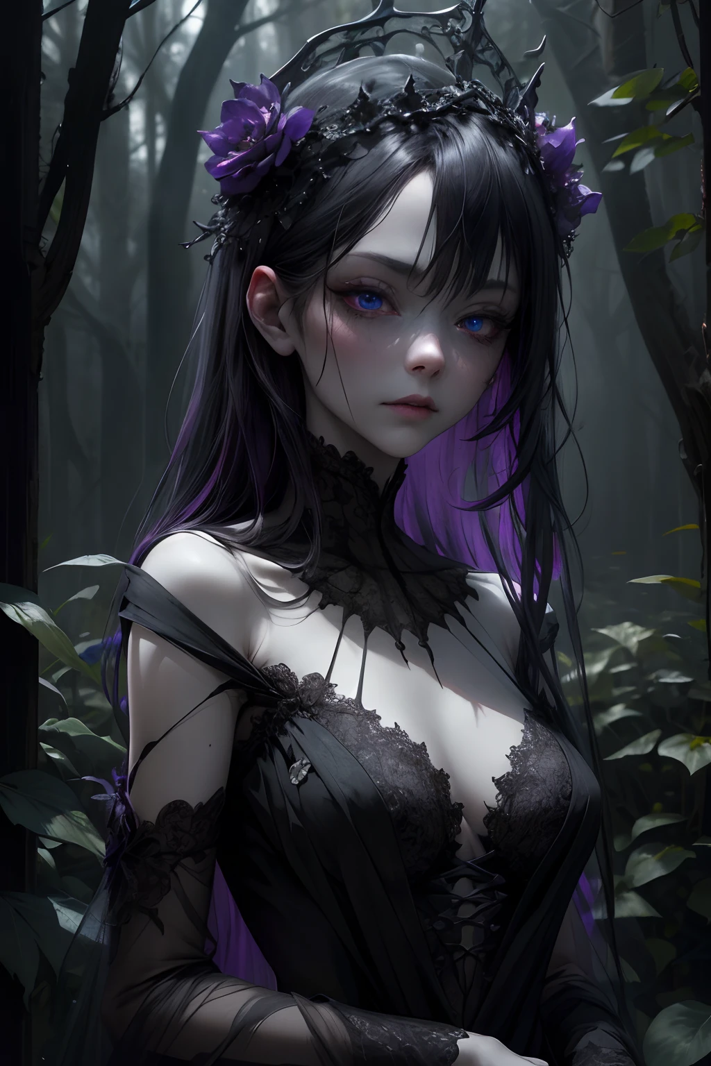 (best quality,4k,8k,highres,masterpiece:1.2),ultra-detailed,(realistic,photorealistic,photo-realistic:1.37),a beautiful zombie queen,misty garden,hauntingly captivating,lush greenery,dark crimson roses,vibrant purple irises,whispering willows,ethereal beauty,majestic presence,glowing blue eyes,subtle decay,graceful movement,dramatic shadows,sinister elegance,pale complexion,messy raven hair,tattered black lace dress,enchanted crown,delicate skeletal features,graceful decay,deathly gaze,enchanted atmosphere,spooky ambiance,fading moonlight,hauntingly beautiful,ominous silence