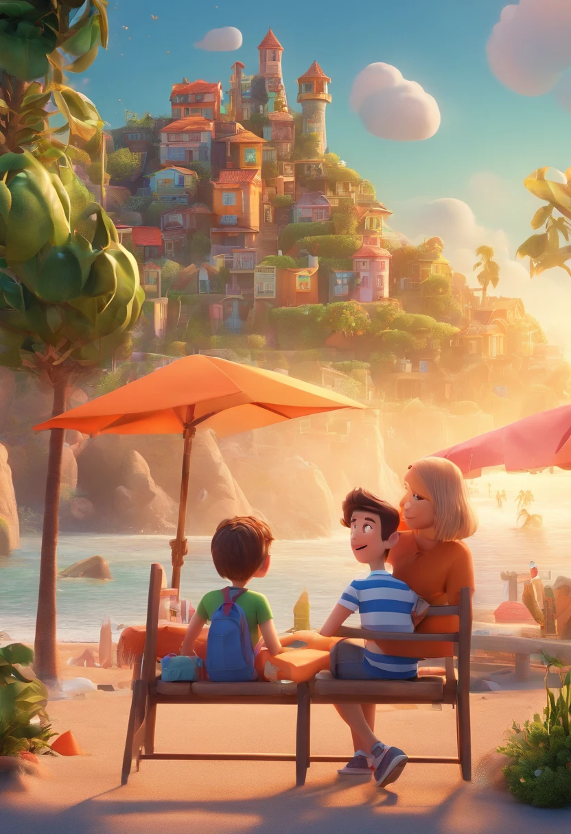 Pixar poster, a couple on the beach, the girl is sitting on the boy's shoulders, the girl is wearing a white shirt and blue jeans with open arms, straight hair, the boy is wearing a gray T-shirt, orange jacket, green shorts and sneakers, the two are smiling, at the seaside Beach, there are houses on the other side, 3D animations,Pixar, (best quality)(8k)