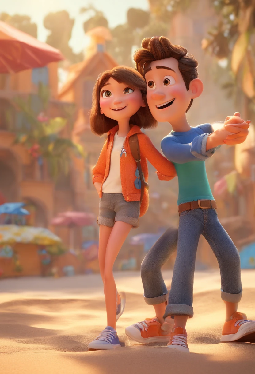 Pixar poster, a couple on the beach, the girl is sitting on the boy's shoulders, the girl is wearing a white shirt and blue jeans with open arms, straight hair, the boy is wearing a gray T-shirt, orange jacket, green shorts and sneakers, the two are smiling, at the seaside Beach, there are houses on the other side， 3D animations，Pixar， (best quality)(8k)