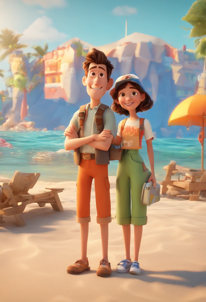Pixar poster, a couple on the beach, the girl is sitting on the boy's shoulders, the girl is wearing a white shirt and blue jeans with open arms, straight hair, the boy is wearing a gray T-shirt, orange jacket, green shorts and sneakers, the two are smiling, at the seaside Beach, there are houses on the other side, 3D animations,Pixar, (best quality)(8k)