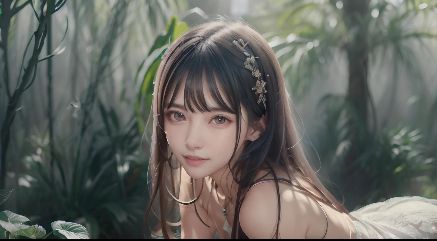 masterpiece, highest quality, 16K,enlightenment, Sax Blue, Green Earrings, green necklace, completely naked, 1 girl, cute, (dynamic lighting:1.2), cinematic lighting, delicate features, detailed eye, sharp pupils, realistic student, in the forest, Bokeh, sharp focus, (super detailed, bloom, shine:1.4), green eyes、brown hair、she is a tree fairy、forest background、in the forest、headband、naked、Braid、twin tails、Now naked、