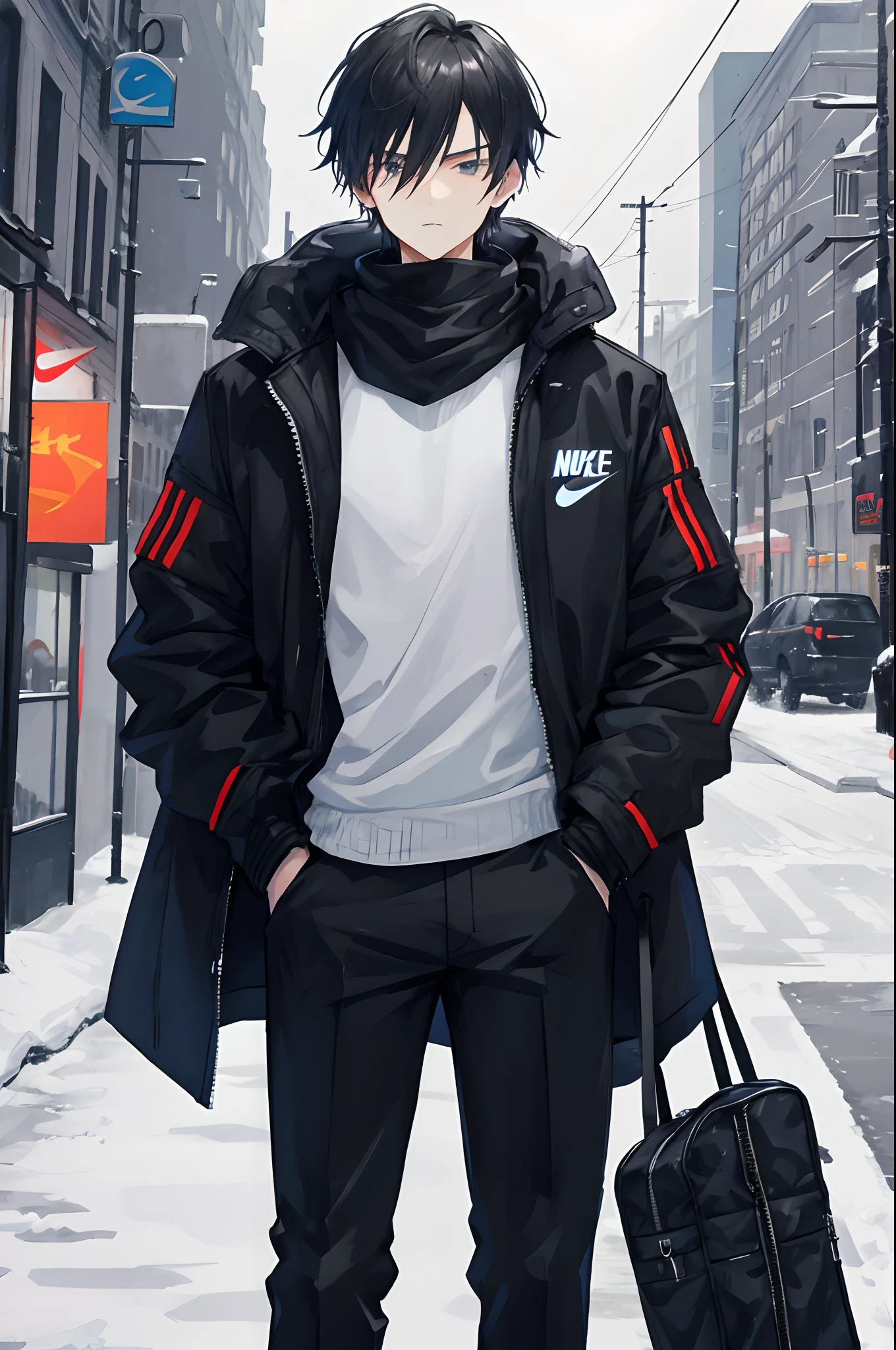 1boy , Nike jacket, mafia look, cool looks, jacket color black, black pant, winter season, snow in background, city, looking at the front, hands in pockets, snow is raining