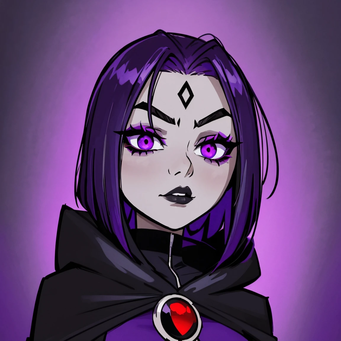 Raven, teen titans, hooded, goth girl, autumn forest background, detailed, detailed, detailed, beautiful, detail, goth girl, masterpiece, purple clothes, red jewel centre head, dark night background, gothic, goth, goth, detailed, goth girl, piercings, detailed face, looking viewer, raven, (Dark eye shadow) dark eye shadow, black eye shadow,